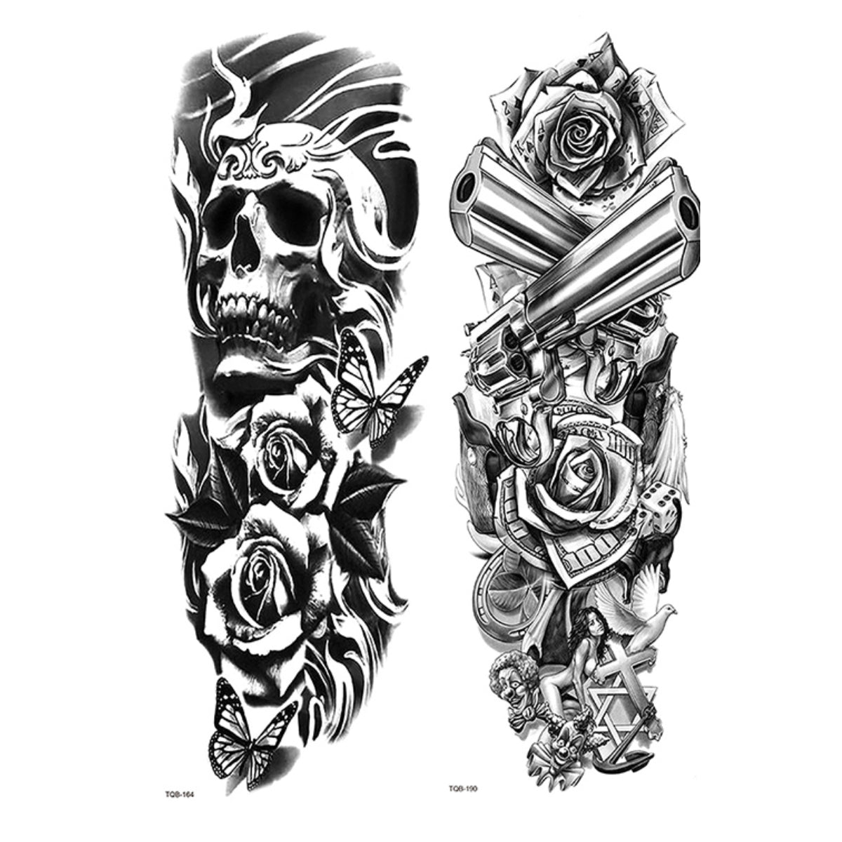 2 Sheets Skull Star Rose Gun Full Arm Sleeves