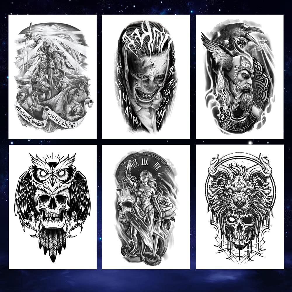 2 Sheets Large Arm Leg Temporary Tattoos - Black Totem Skull Owl Lion Clown Mars Goddess of War For Men and Women