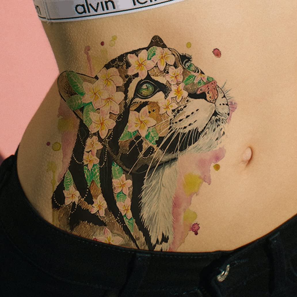 12 Sheets Large Temporary Tattoos - 21x15cm Flower Arm Watercolor Hand Paint ink Leopard Tiger Owl Dragon Horse Lion Wolf Deer Cat Fox For Men and Women