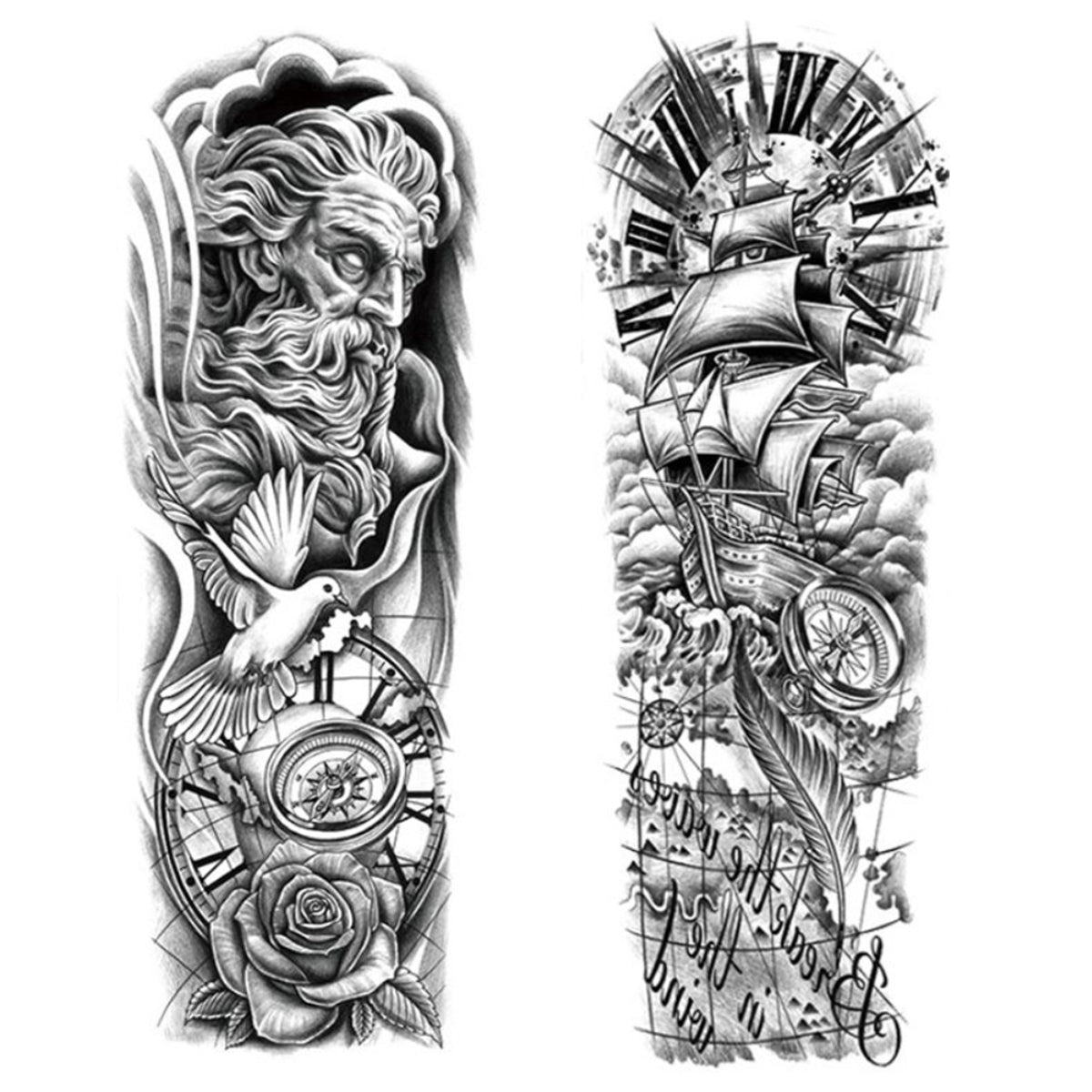 2 Sheets Viking Sail Full Arm Sleeves Temporary Tattoos