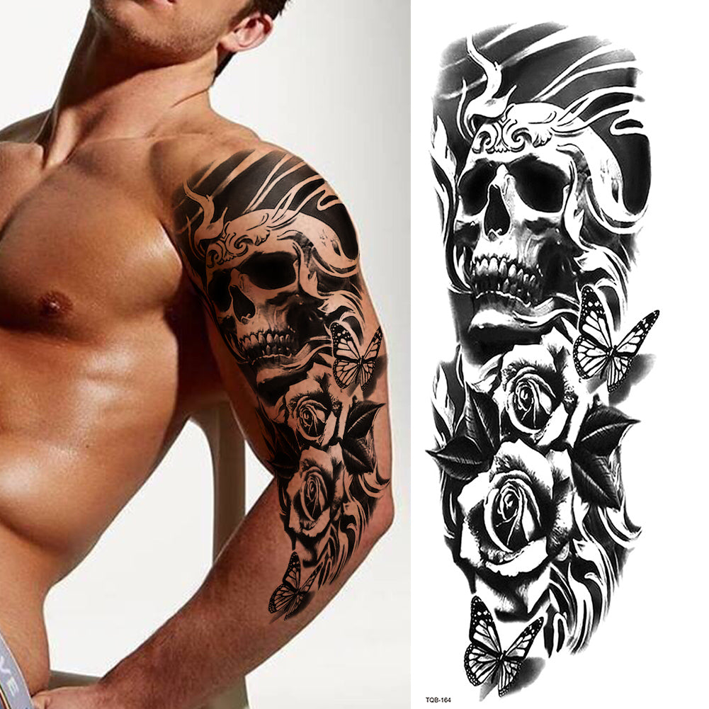 2 Sheets Skull Star Rose Gun Full Arm Sleeves