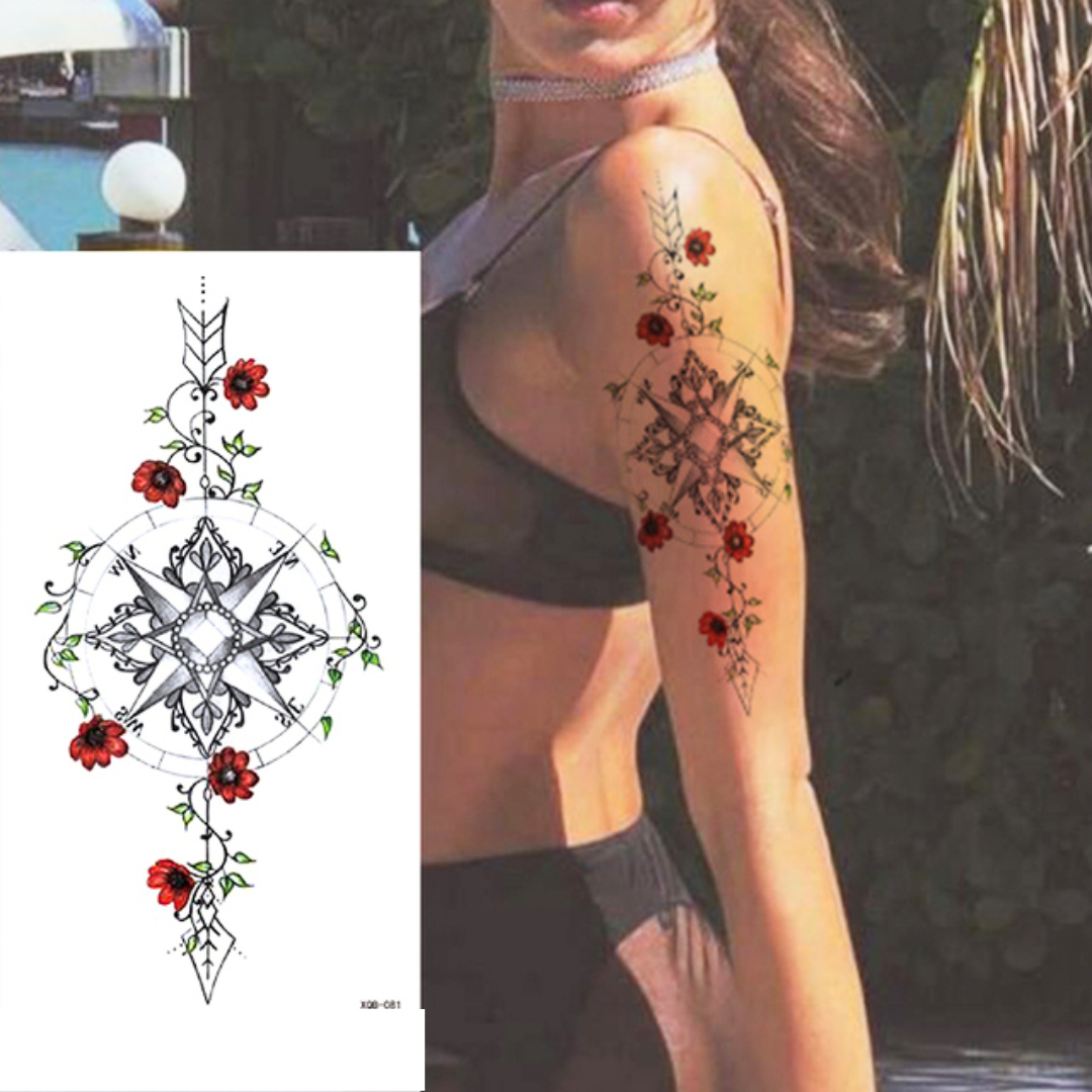 2 Sheets Black Arrow Compass Feather Dragon Anchor Sword Snake Tree Flower Temporary Tattoos for Arm