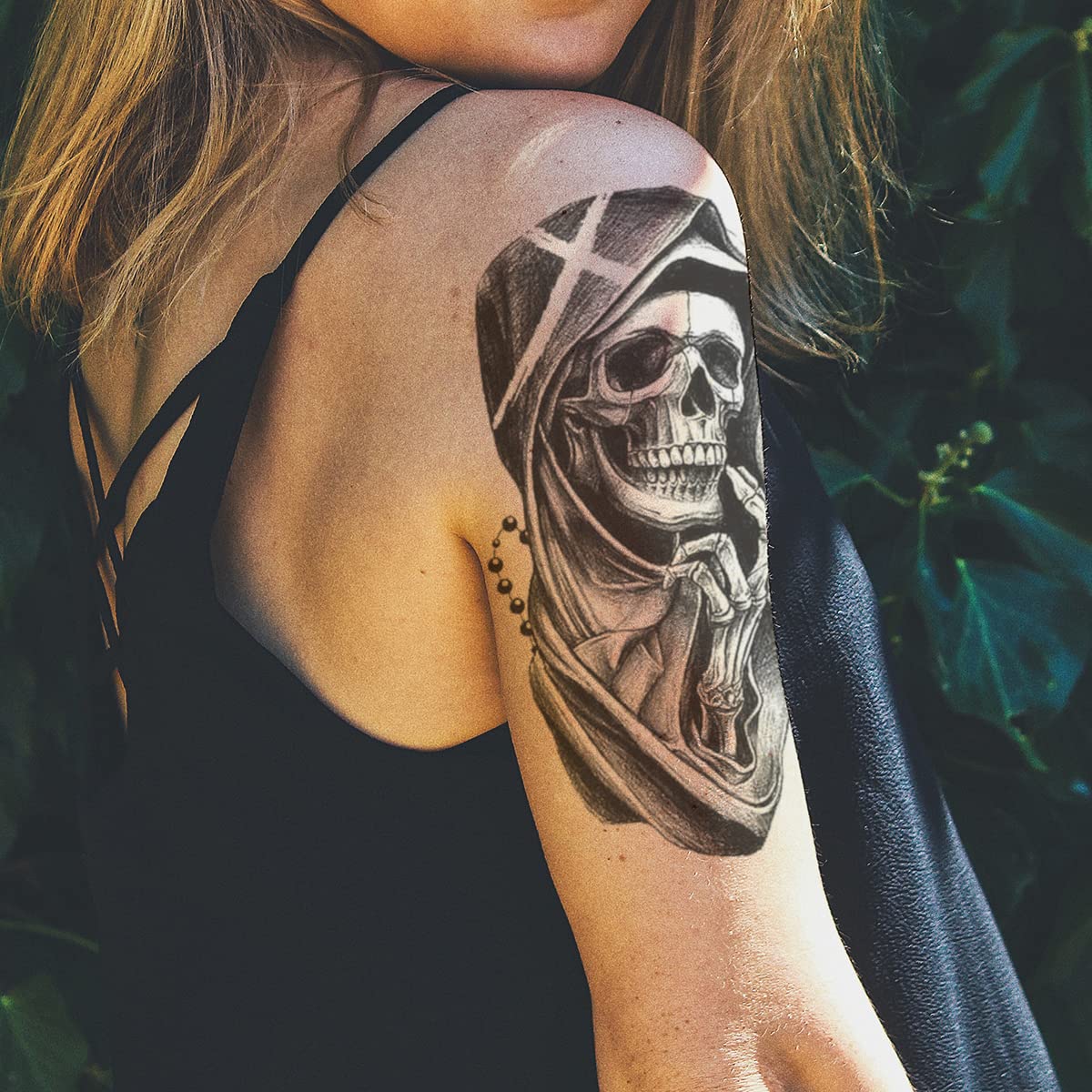 4 Sheets Waterproof Arm Leg Fake Temporary Tattoo - Skull Face Flower Eye Snake Bird Wing