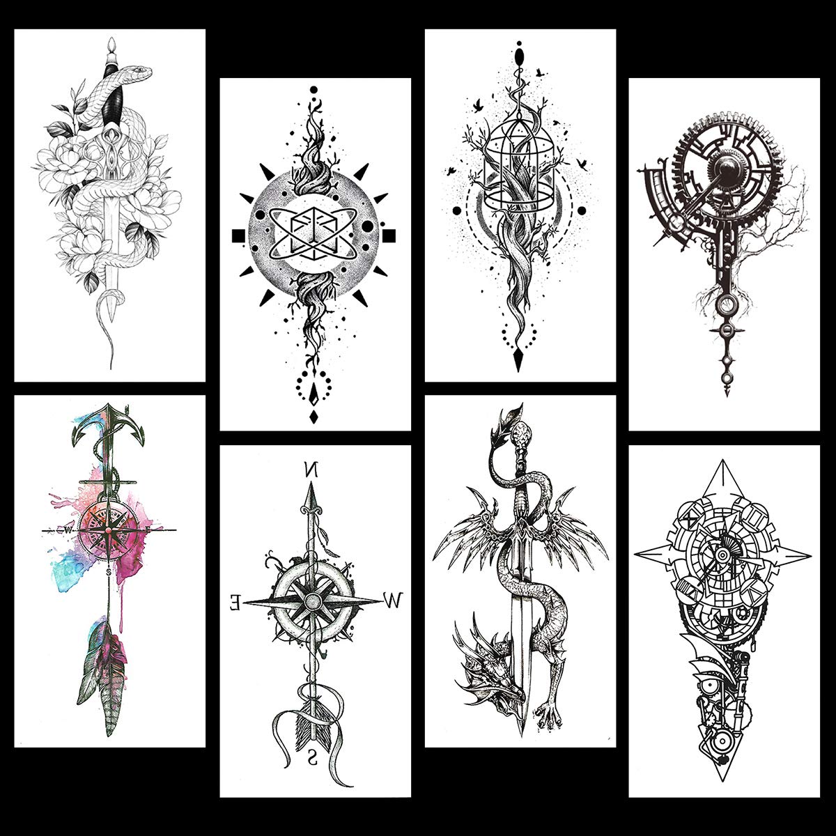 2 Sheets Black Arrow Compass Feather Dragon Anchor Sword Snake Tree Flower Temporary Tattoos for Arm