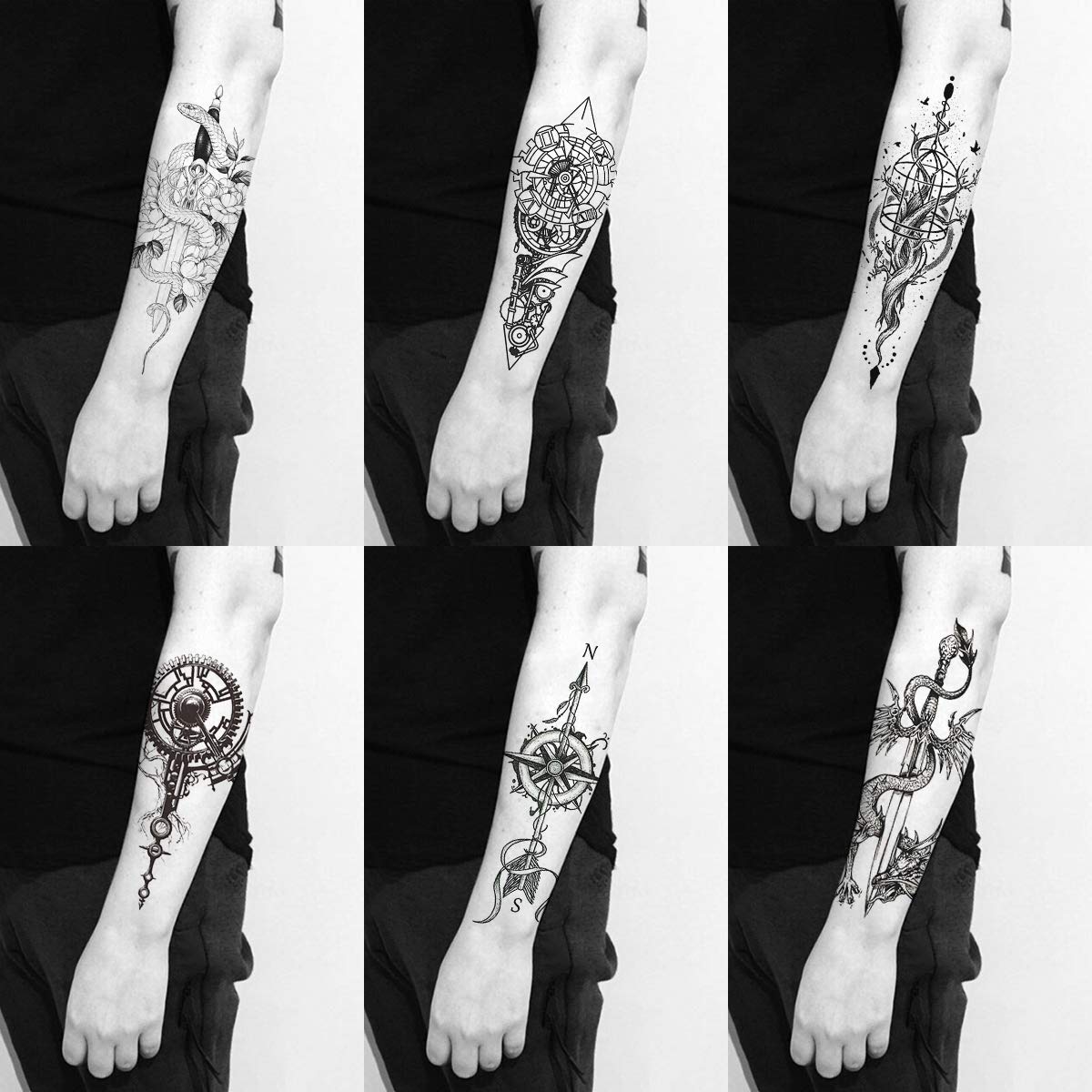 2 Sheets Black Arrow Compass Feather Dragon Anchor Sword Snake Tree Flower Temporary Tattoos for Arm