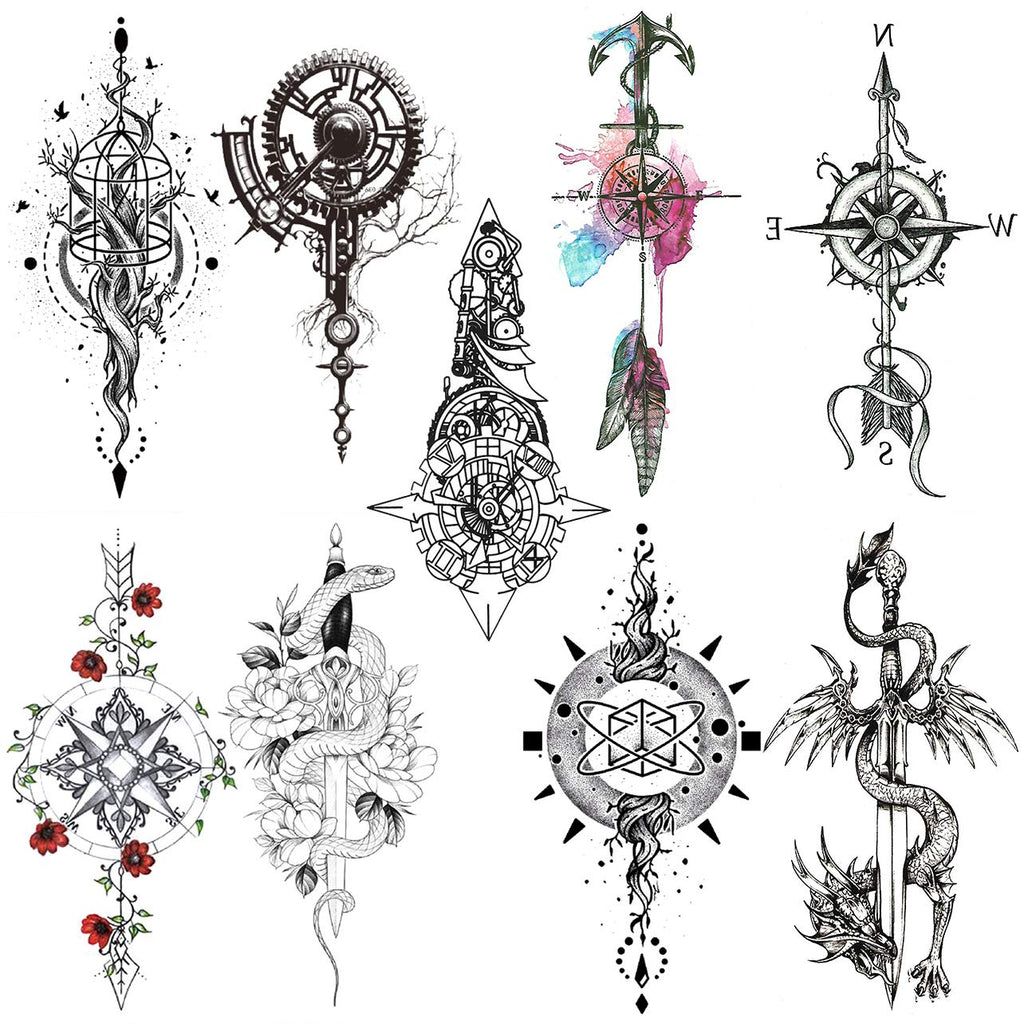 2 Sheets Black Arrow Compass Feather Dragon Anchor Sword Snake Tree Flower Temporary Tattoos for Arm