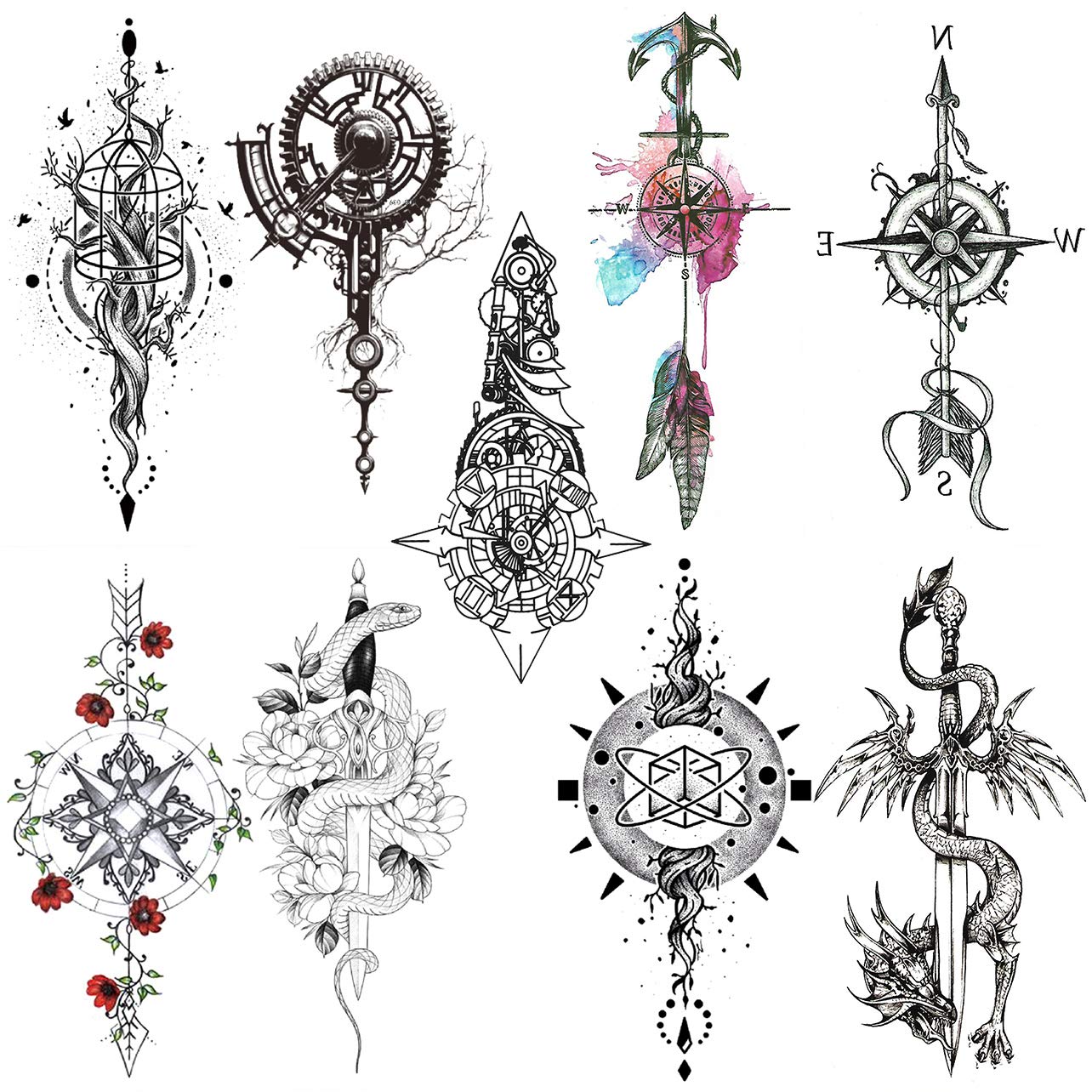 2 Sheets Black Arrow Compass Feather Dragon Anchor Sword Snake Tree Flower Temporary Tattoos for Arm