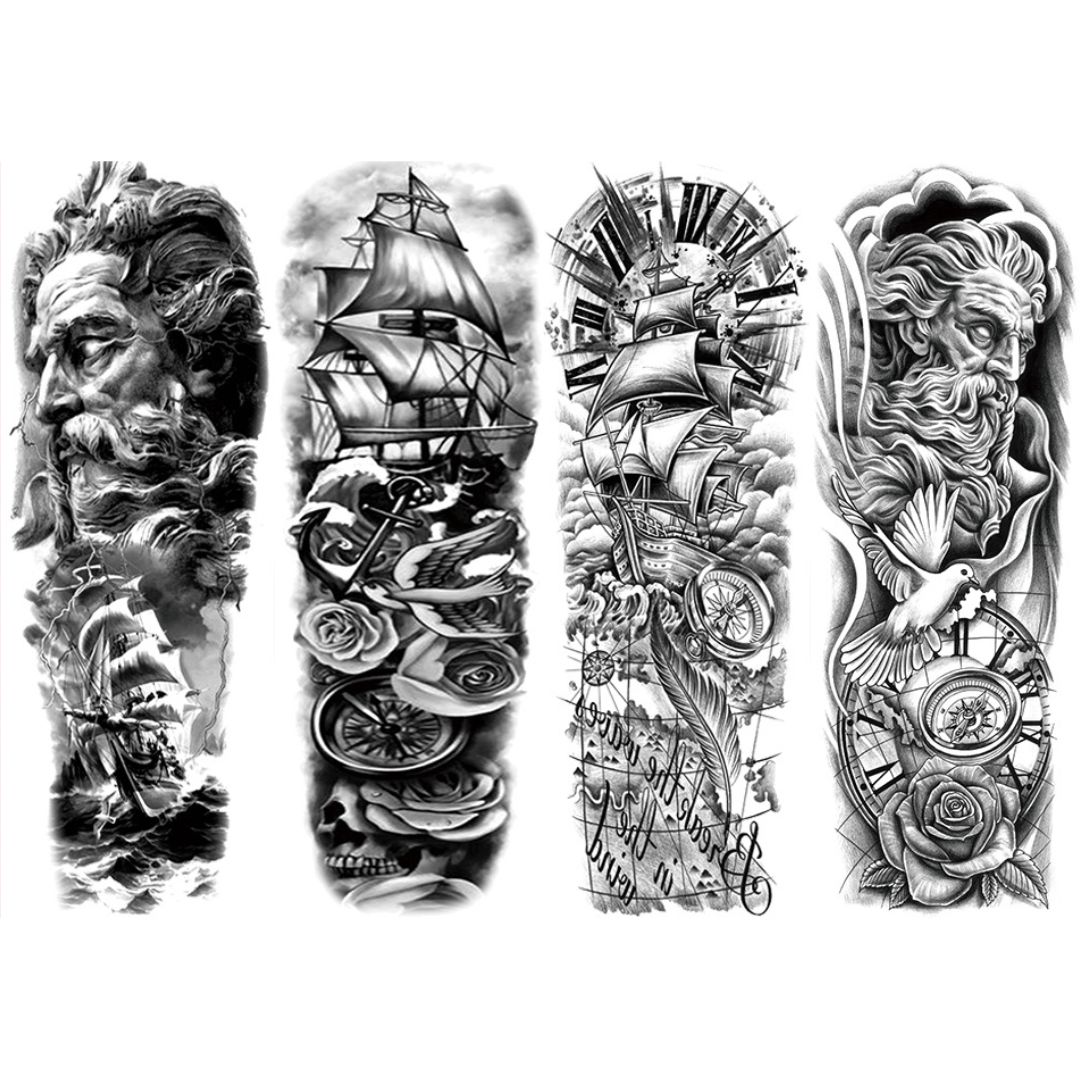 4 Sheets Viking Sail Full Arm Sleeves Temporary Tattoos