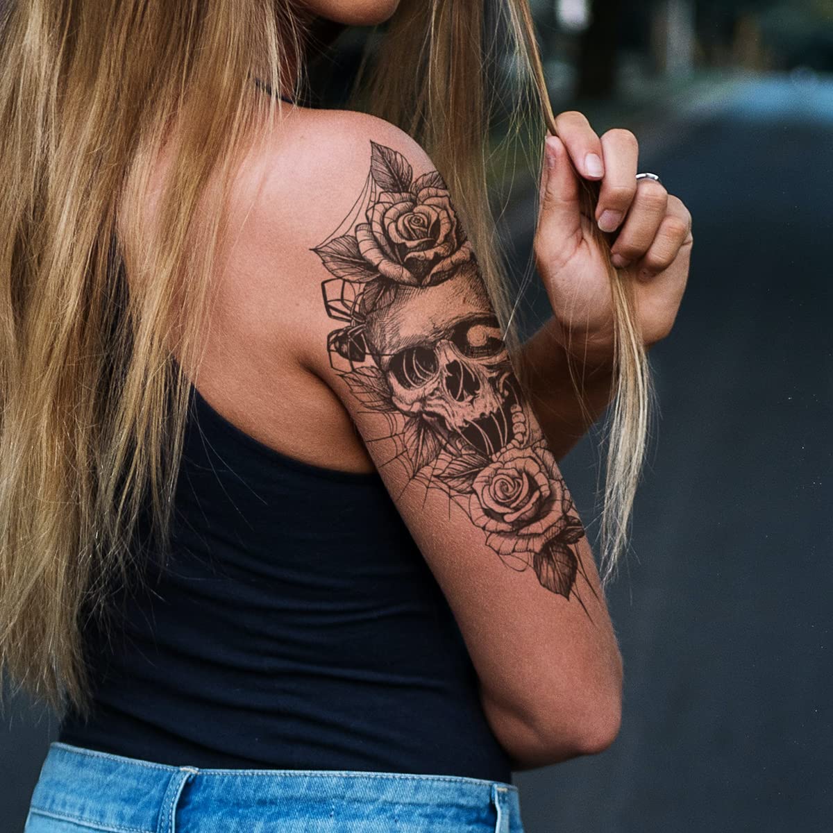 4 Sheets Waterproof Arm Leg Fake Temporary Tattoo - Skull Face Flower Eye Snake Bird Wing