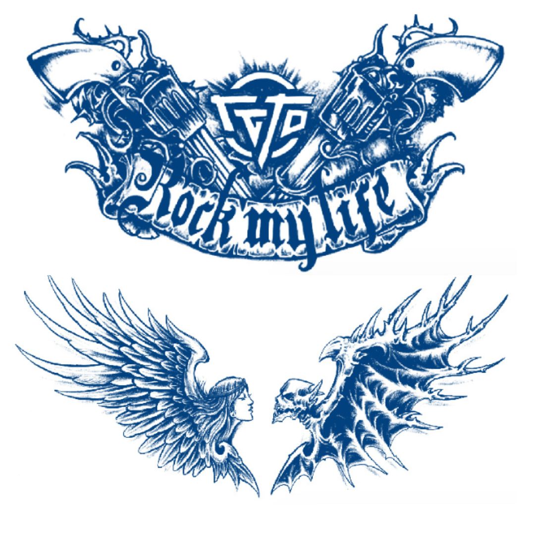 2 Sheet Rock Gun Angel Skull Chest Shoulder Semi Permanent Tattoos