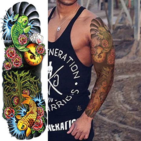 2 Sheets Extra Large Full Arm Temporary Tattoos - Colorful Skull Ghost Pumkin Carp Koi Flower Tree Gun For Men