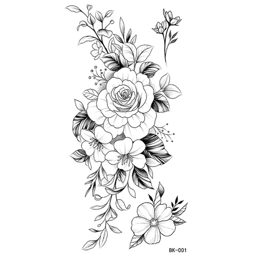 4 Sheets Black Penoy flower Sketch Temporary Tattoo Sticker