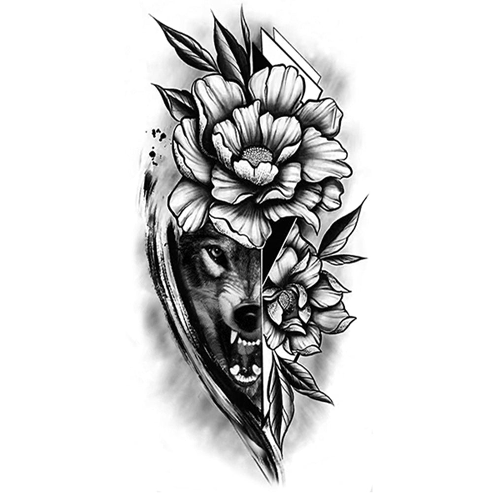2 Sheets Black Wolf Flower Temporary Tattoo Sticker