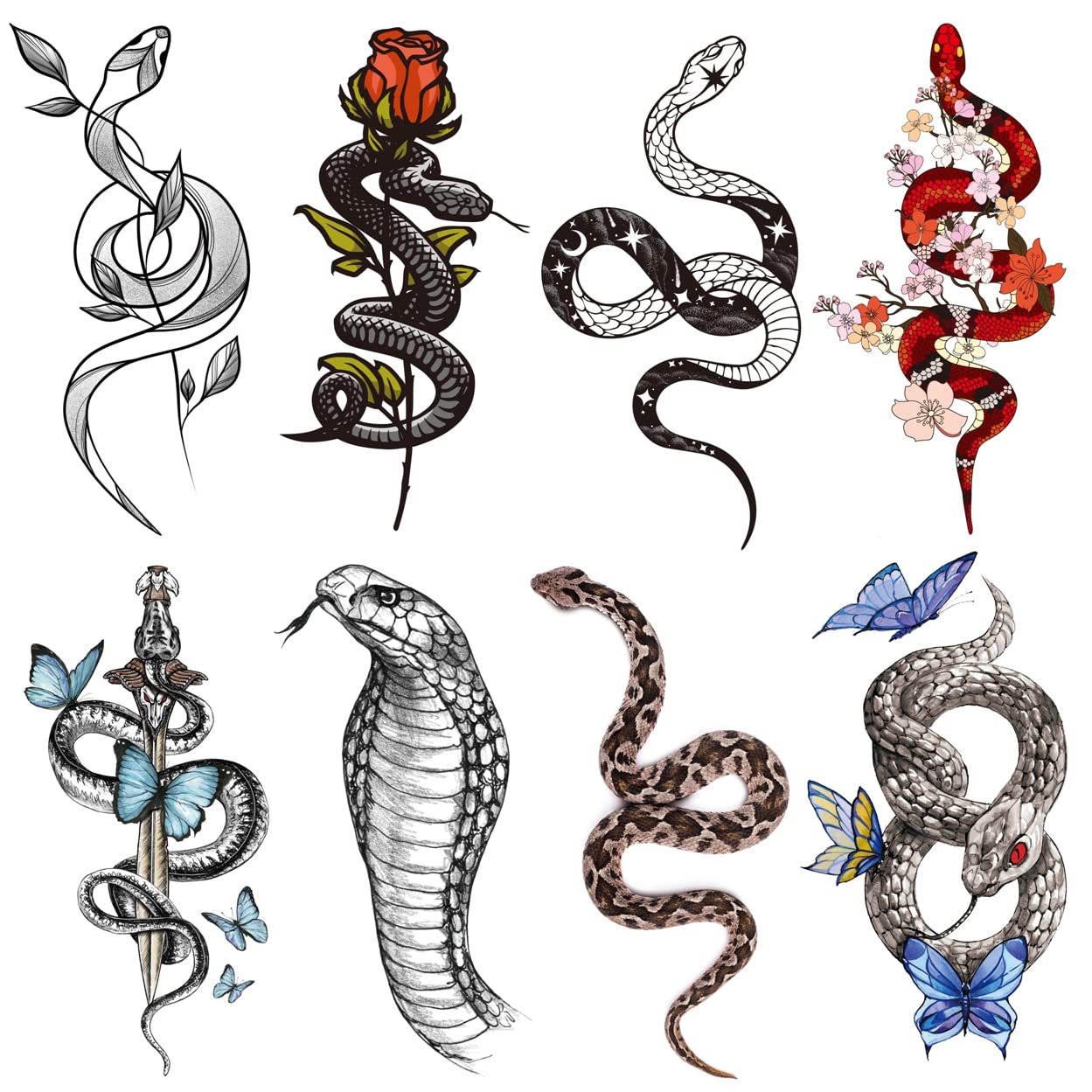 4 Sheets Snake Temporary Tattoos Stickers