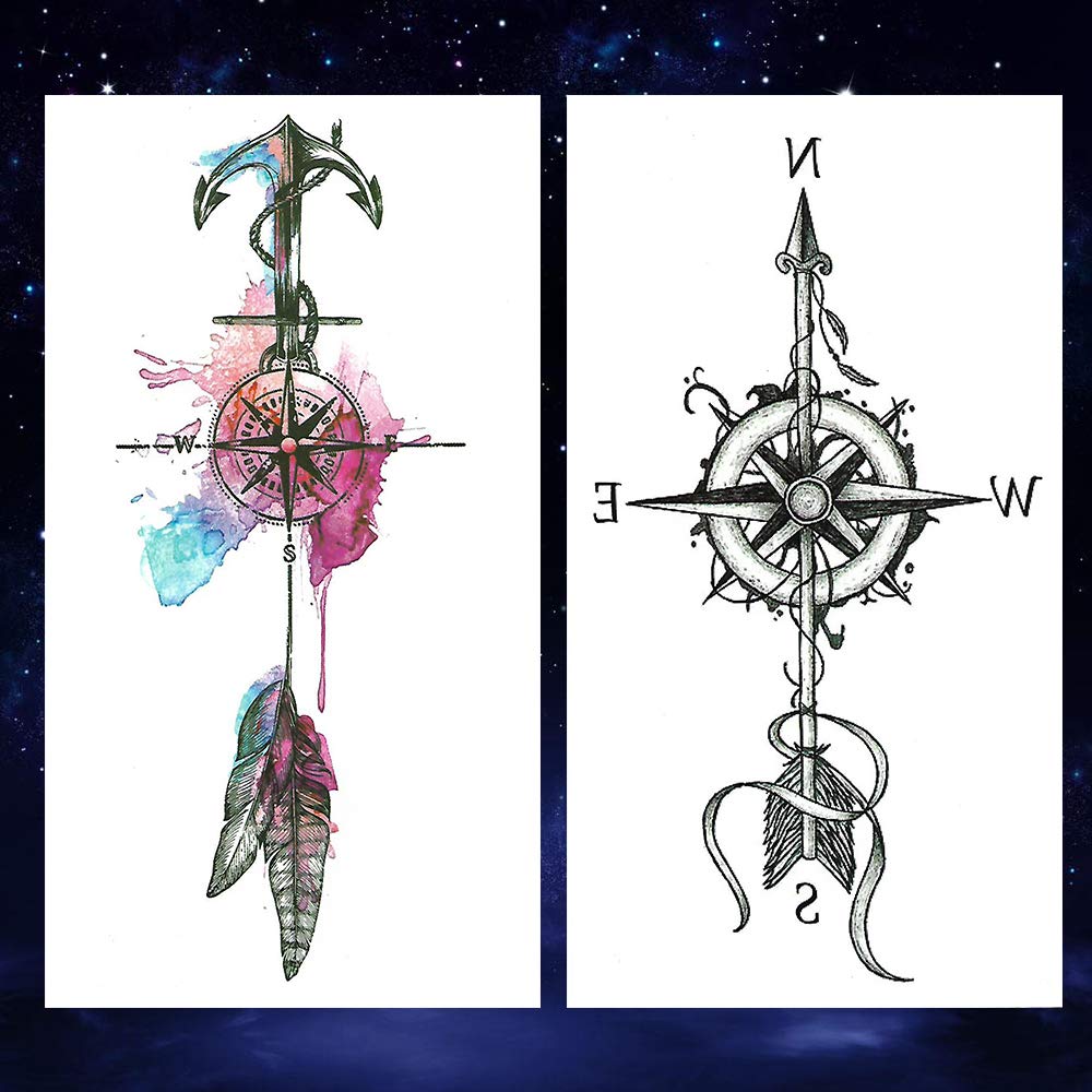 2 Sheets Black Arrow Compass Feather Dragon Anchor Sword Snake Tree Flower Temporary Tattoos for Arm