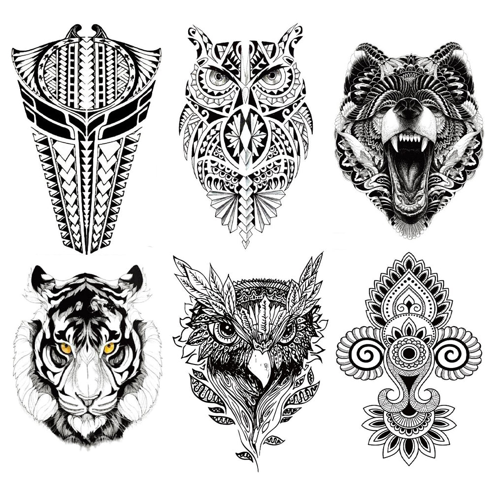 6 Sheet Totem Owl Wolf Tiger Extra Large Temporary Tattoos