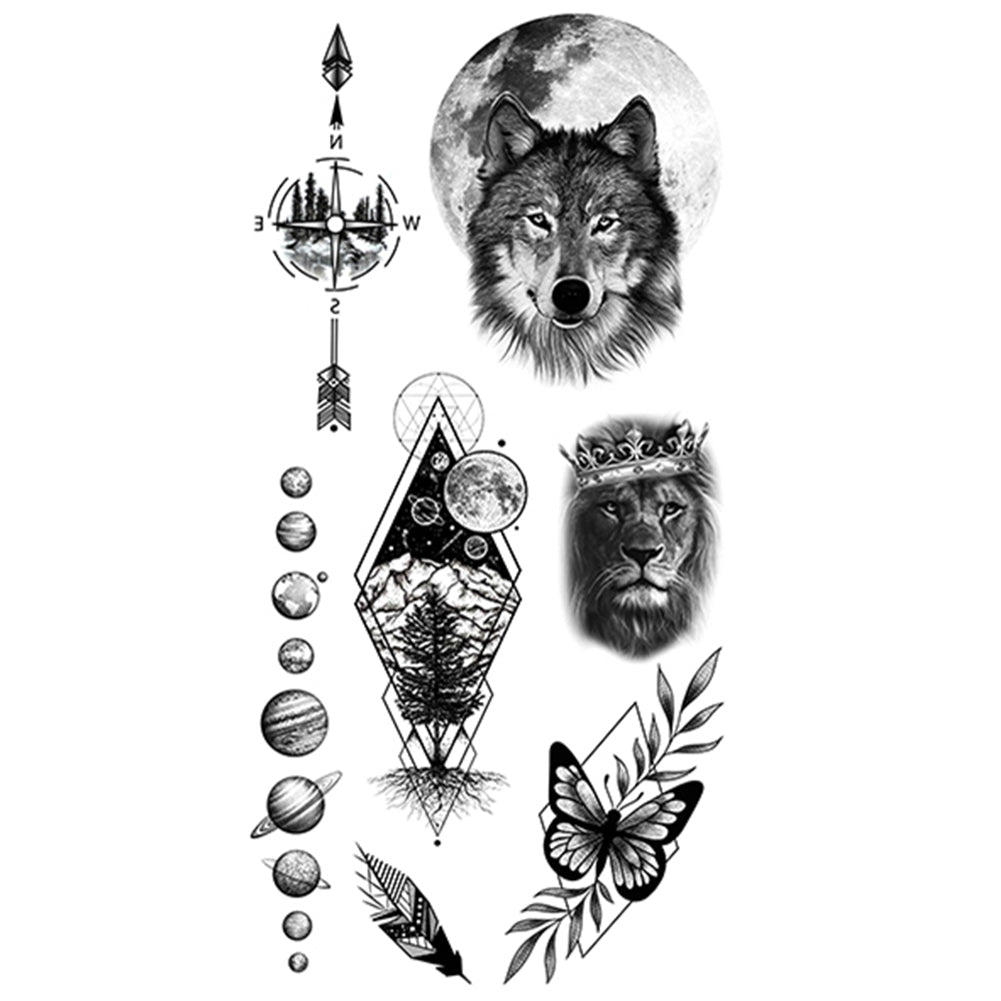 2 Sheets Black Wolf Flower Temporary Tattoo Sticker