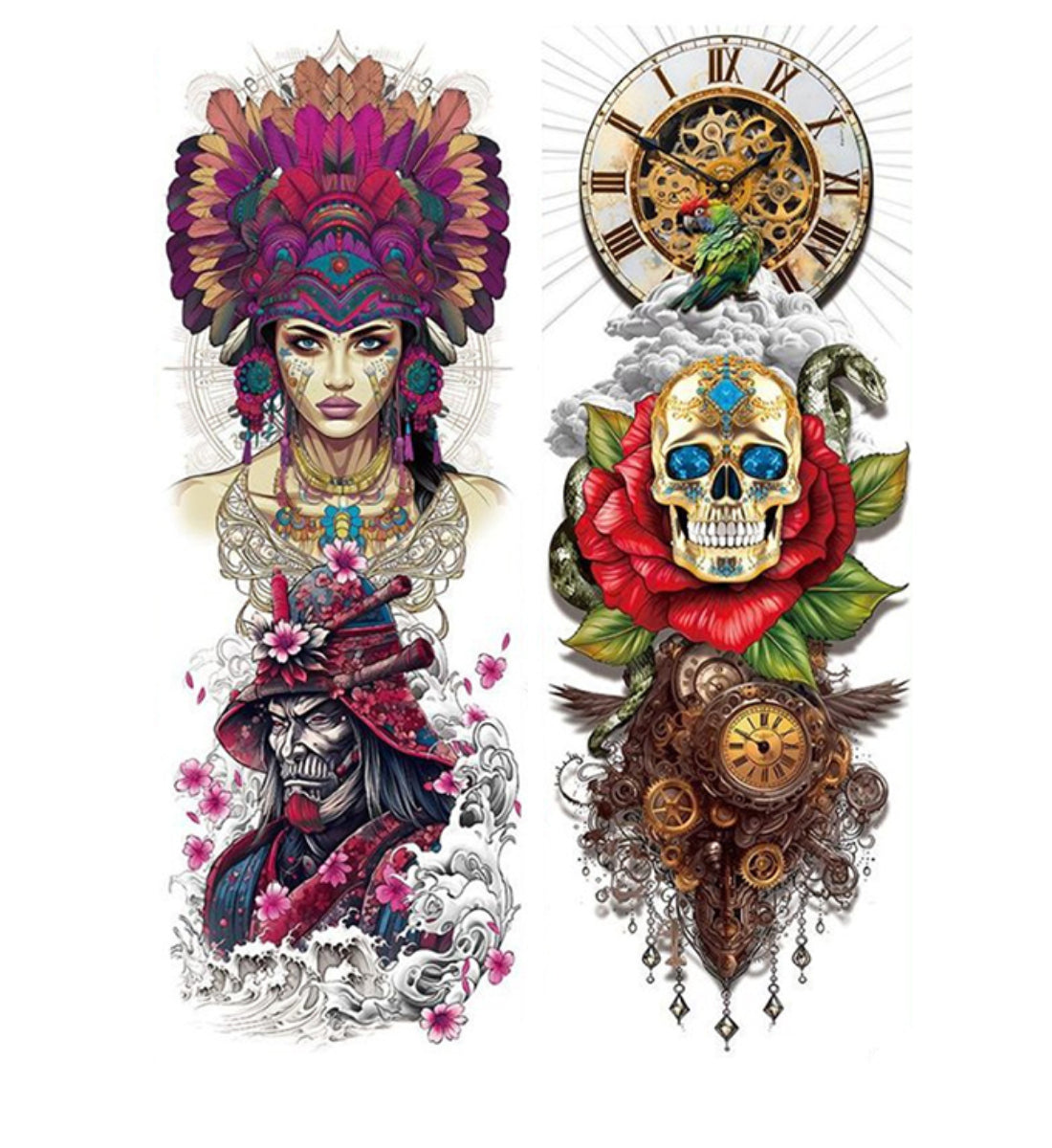 2 Sheets Watercolor Fish Fox Samurai Skull Full Arm Sleeves