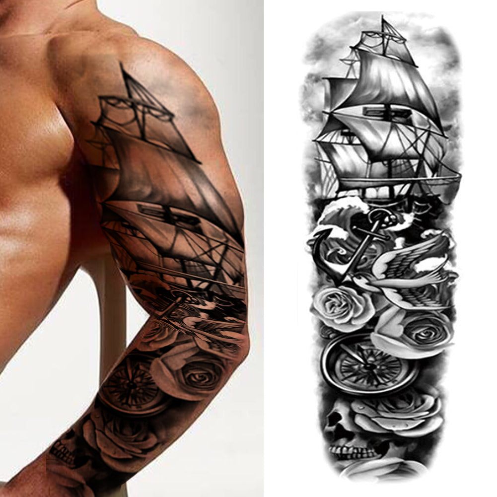 2 Sheets Viking Sail Full Arm Sleeves Temporary Tattoos