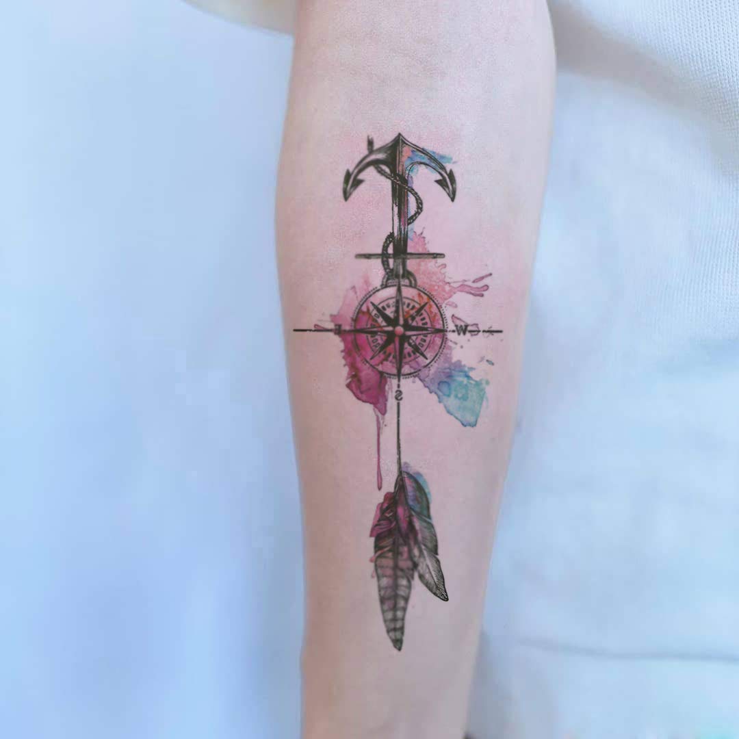 2 Sheets Black Arrow Compass Feather Dragon Anchor Sword Snake Tree Flower Temporary Tattoos for Arm