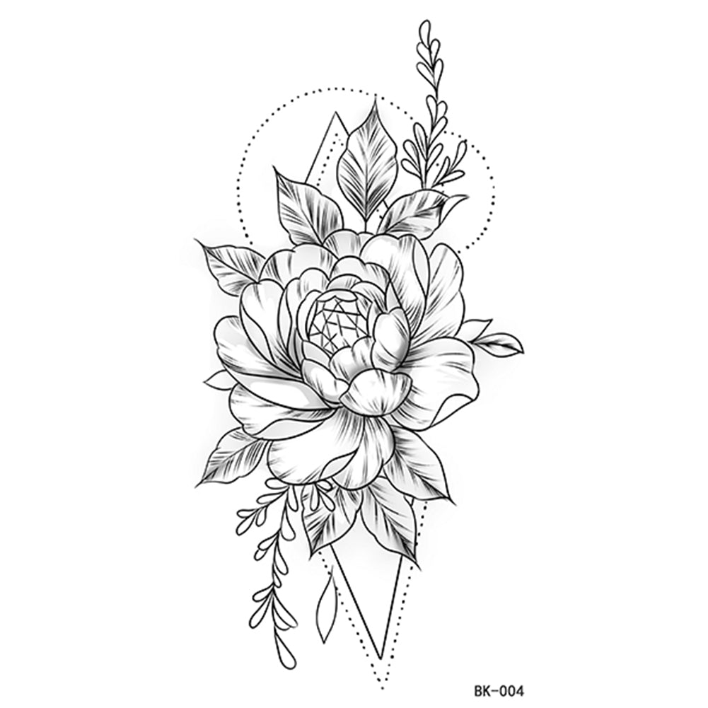 4 Sheets Black Penoy flower Sketch Temporary Tattoo Sticker