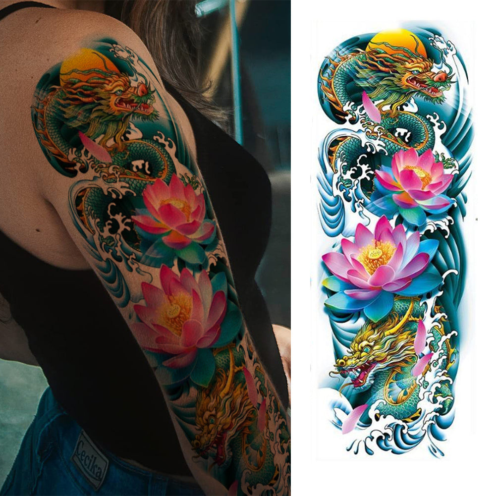 4 Sheets Chinese Style Fish Dragon Full Arm Temporary Tattoo Sleeves