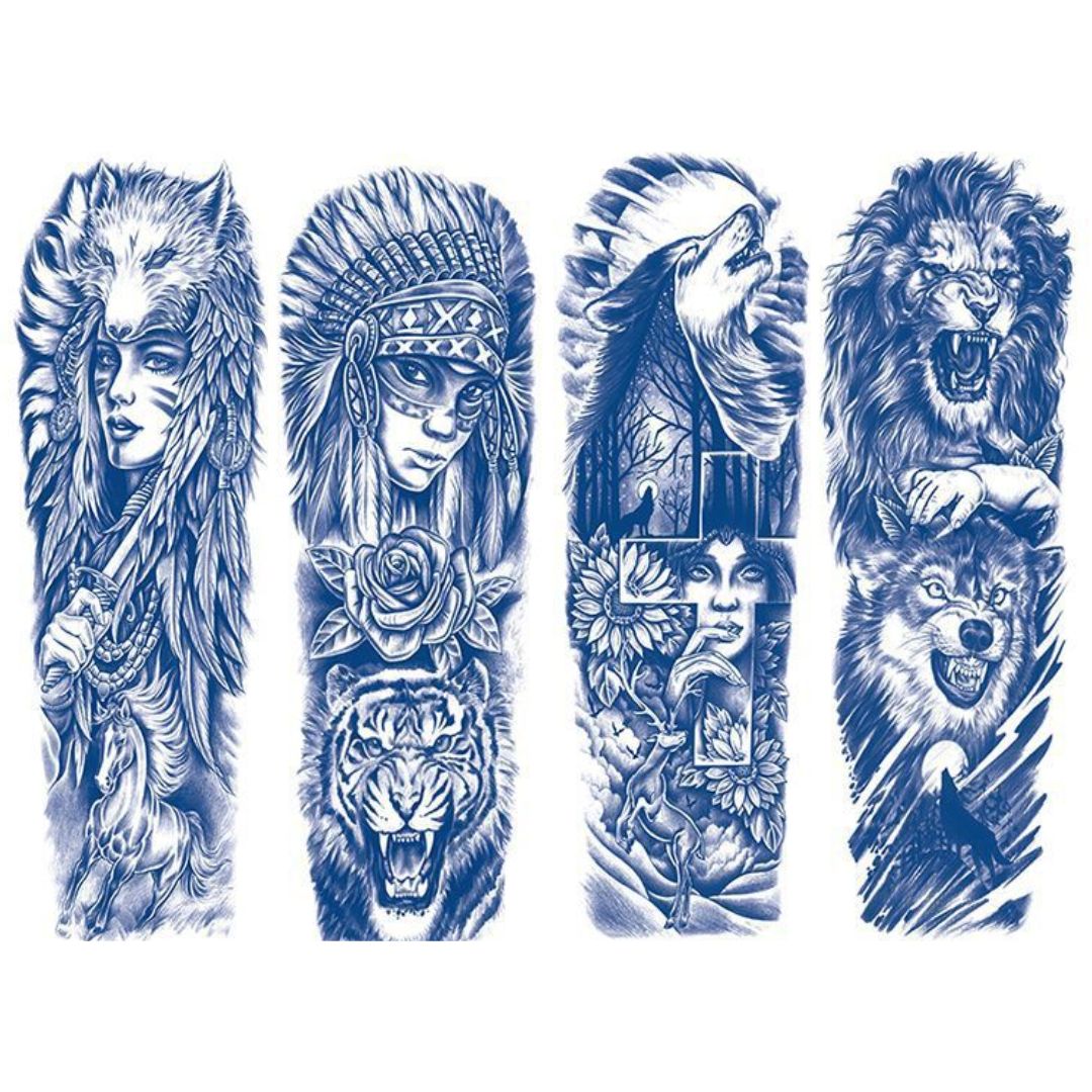 4 Sheets Indian Women Wolf Pray Cross Lion Semi-Permanent Juice Ink Tattoo