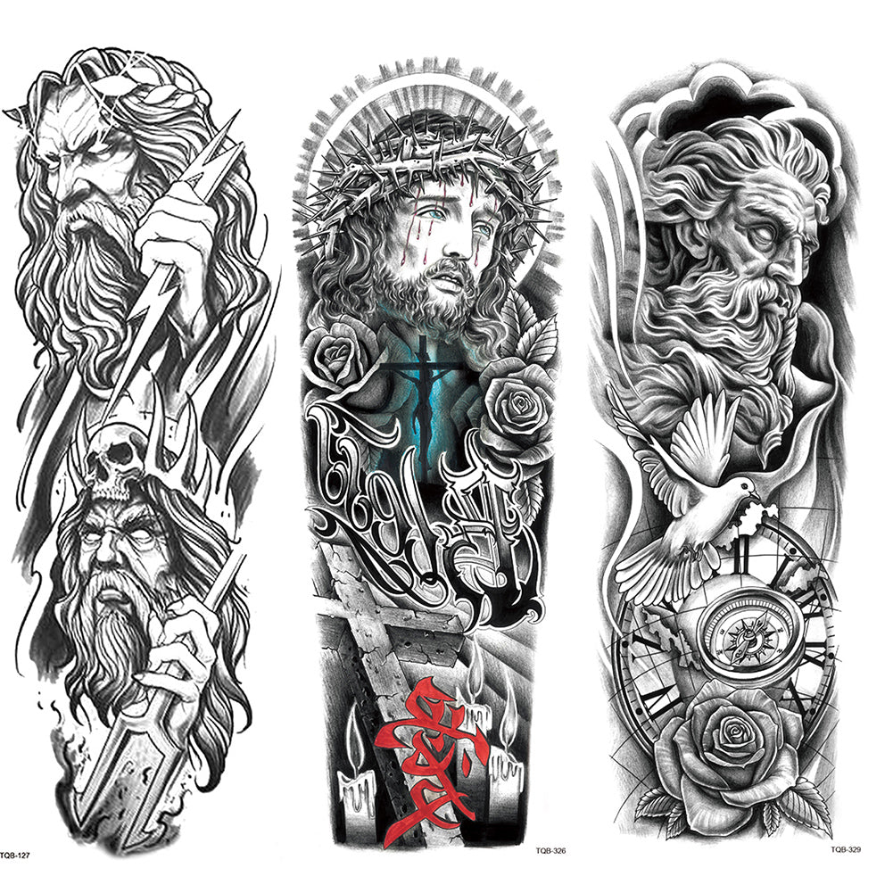 3 Sheets Indian Skull Clock Full Arm Sleeves