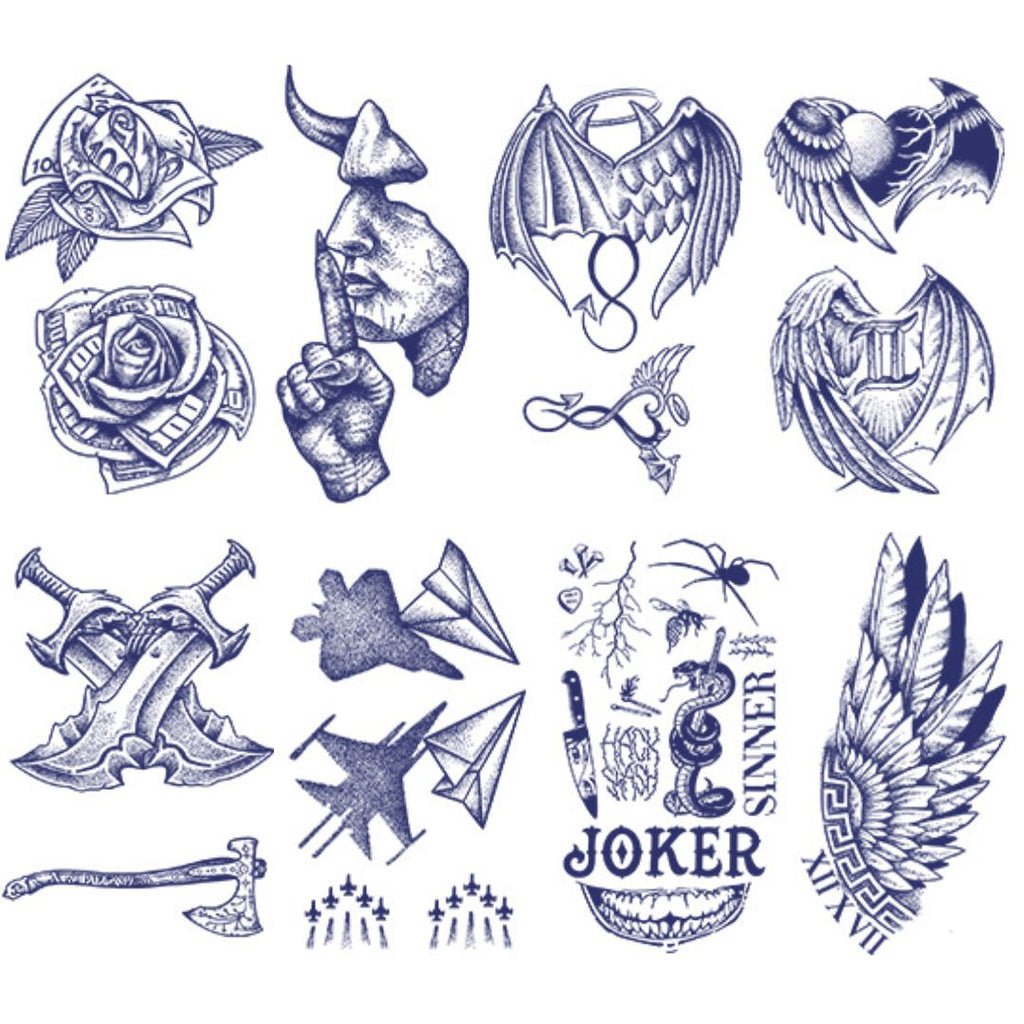 4 Sheets Devil Wings Axe Plane Semi-Permanent Tattoo Stickers