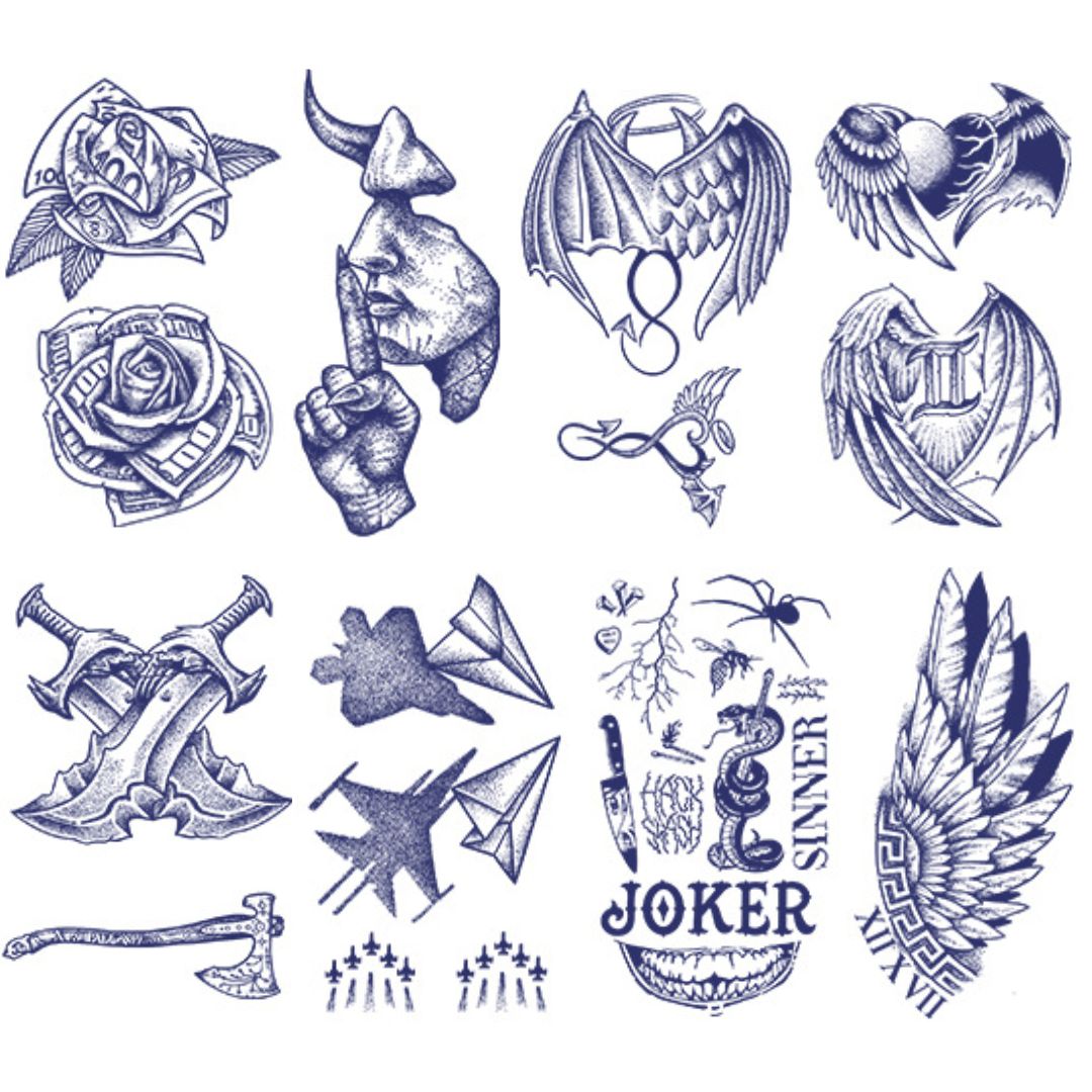 4 Sheets Devil Wings Axe Plane Semi-Permanent Tattoo Stickers