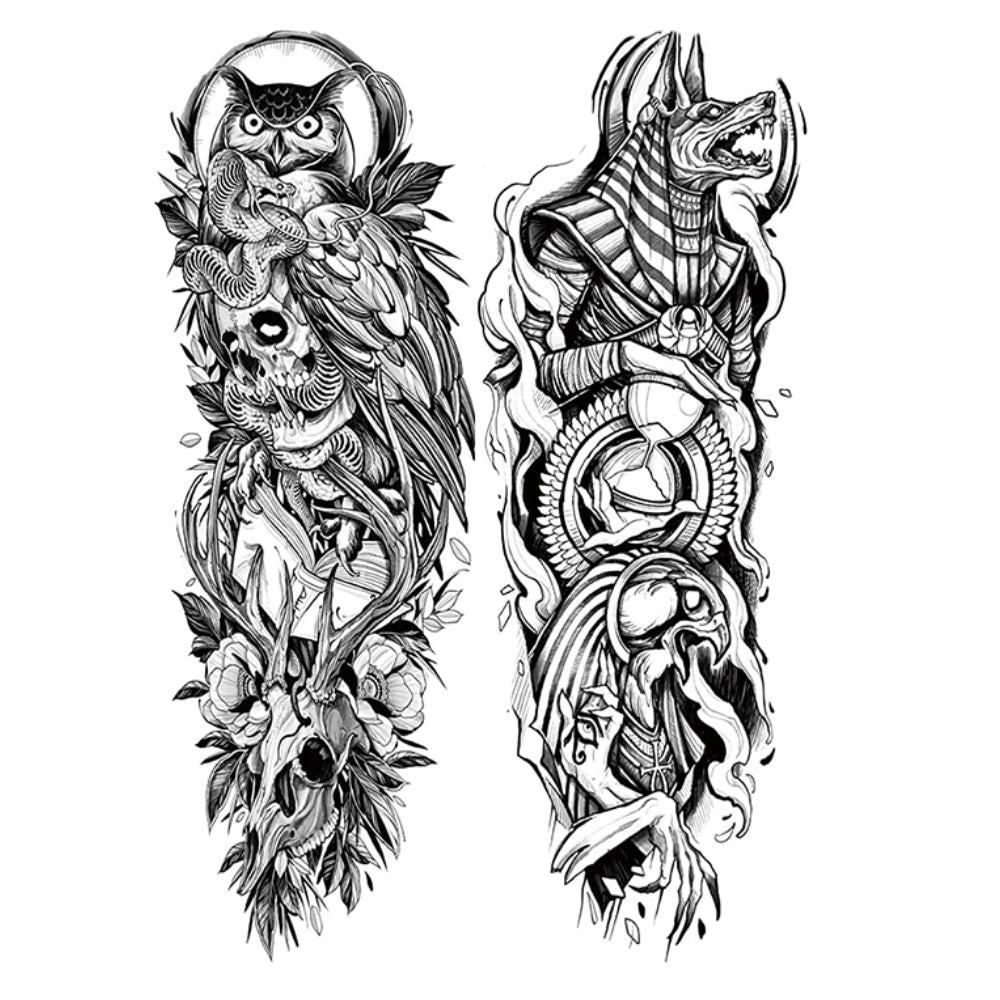 2 Sheets Full Arm Leg Extra Large Temporary Tattoos, Owl Snake Skull God Medusa Poseidon Anubis Horus Lion Eagle Egypt
