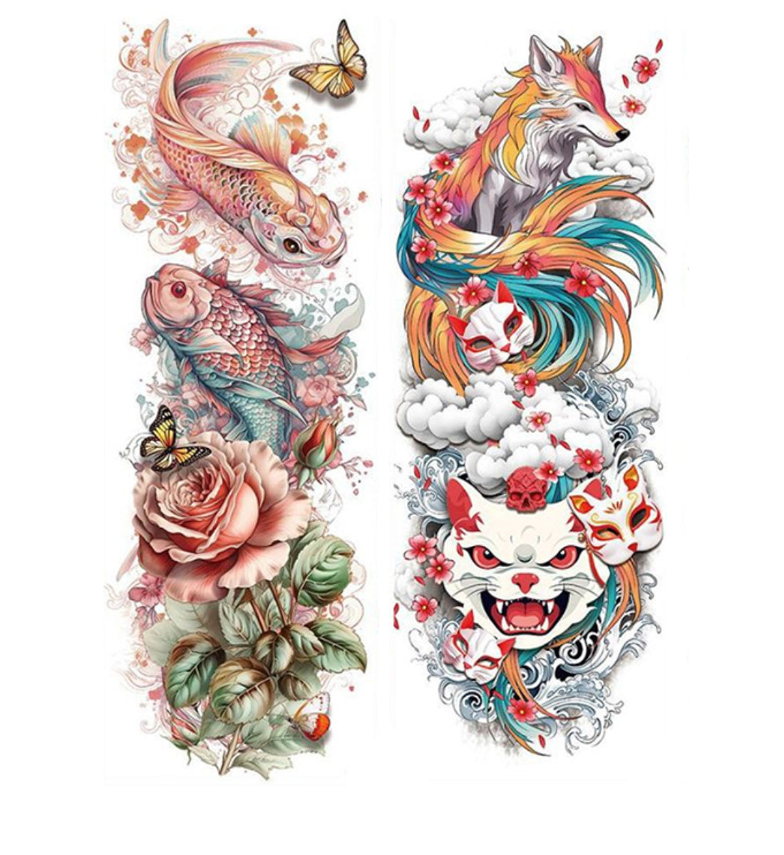 2 Sheets Watercolor Fish Fox Samurai Skull Full Arm Sleeves