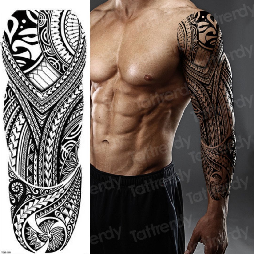 2 Sheets Full Arm Maori Totem Sleeve Black Cool 170mm * 480mm Waterproof Temporary Tattoo