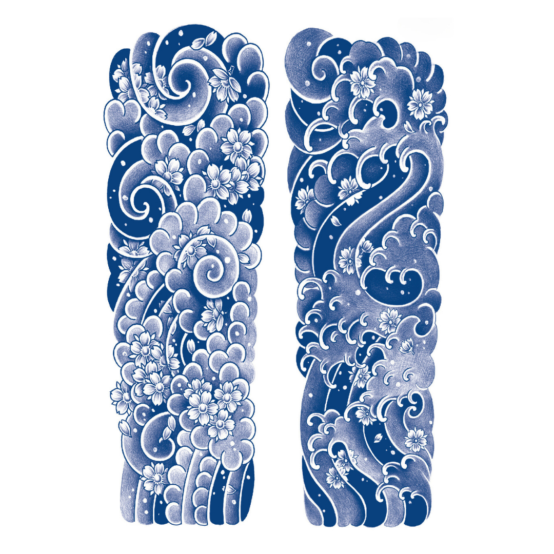 2 Sheets Cherry Blossom Wave Sea Flower Full Arm Semi-Permanent Tattoo