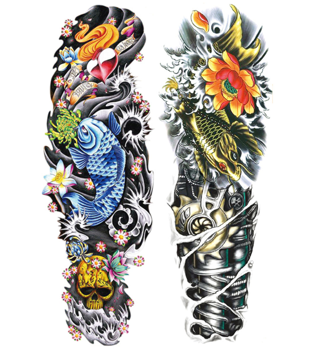 2 Sheets Fish Wave Heart Flower Full Arm Sleeves