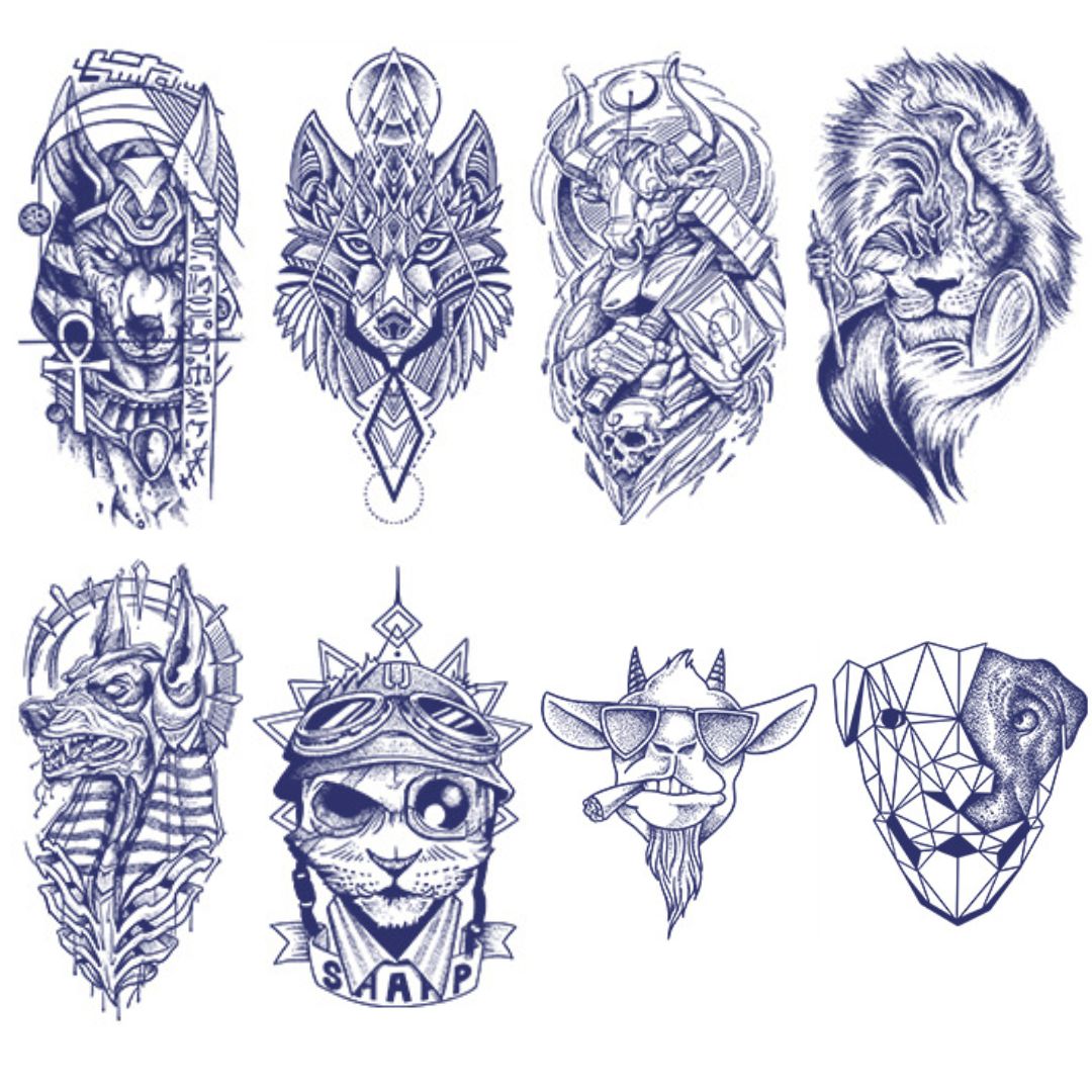 4 Sheets Wolf Ox Tiger Goat Dog Cat Lion Semi-Permanent Tattoo Stickers