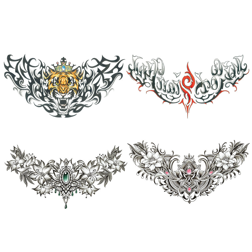 4 Sheet Black Toiger letter Flower Waist Chest Extra Large Temporary Tattoos