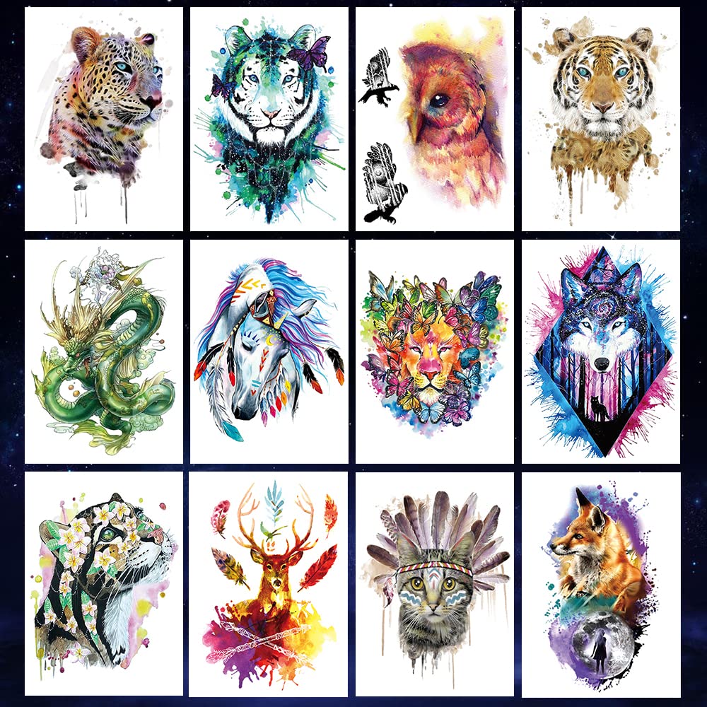 12 Sheets Large Temporary Tattoos - 21x15cm Flower Arm Watercolor Hand Paint ink Leopard Tiger Owl Dragon Horse Lion Wolf Deer Cat Fox For Men and Women