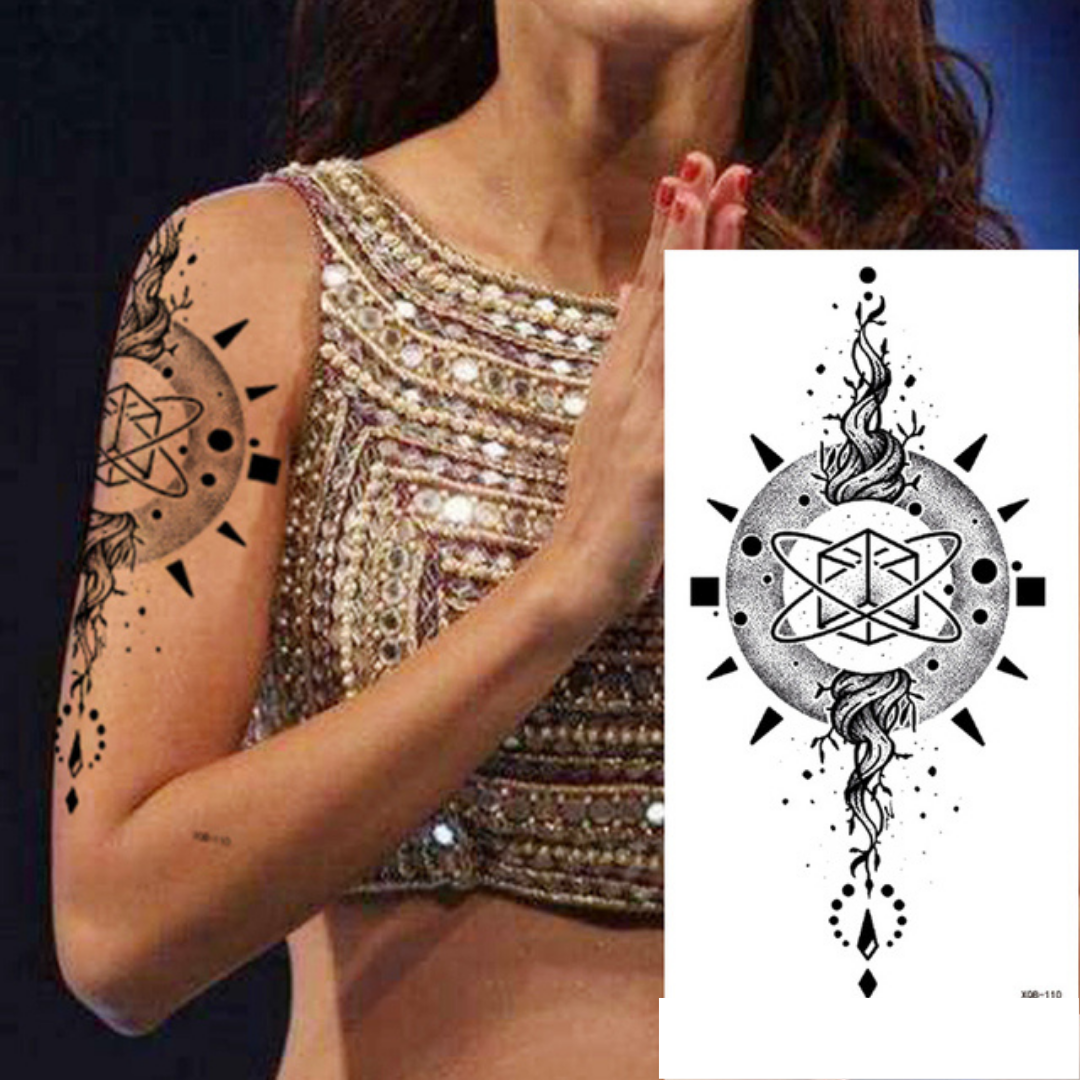 2 Sheets Black Arrow Compass Feather Dragon Anchor Sword Snake Tree Flower Temporary Tattoos for Arm