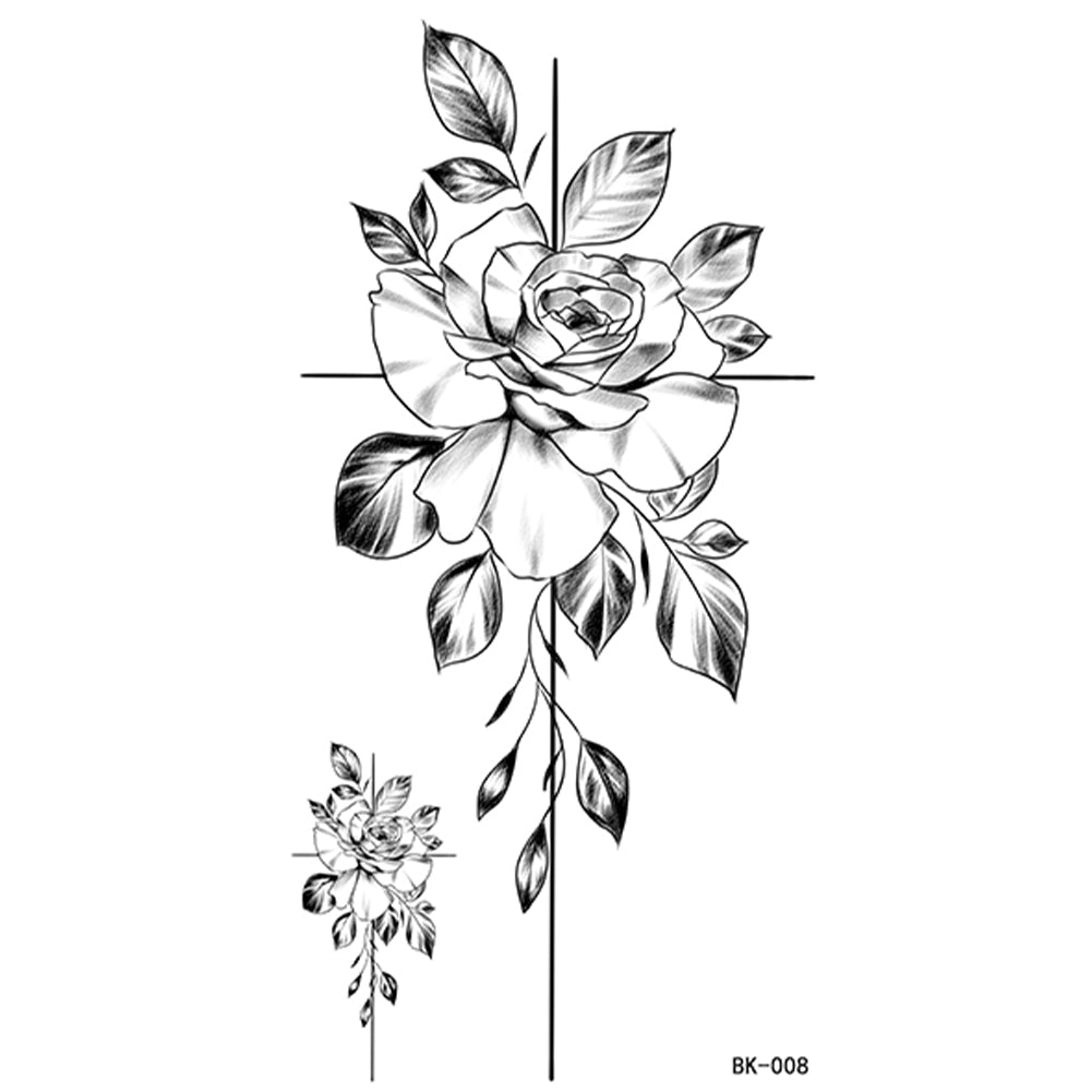 4 Sheets Black Penoy flower Sketch Temporary Tattoo Sticker