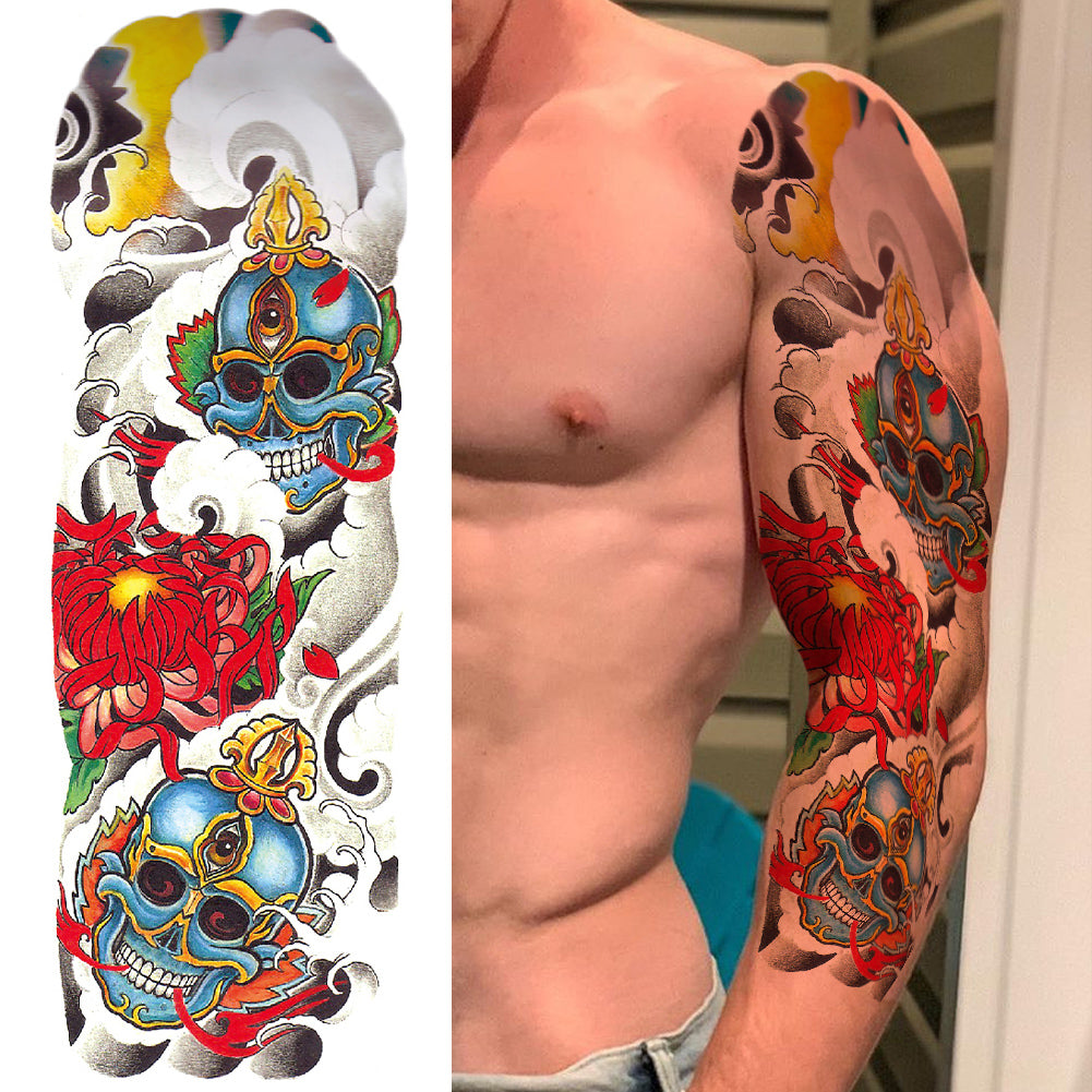 4 Sheets Skull Rose Flower Gun Full Arm Sleeves