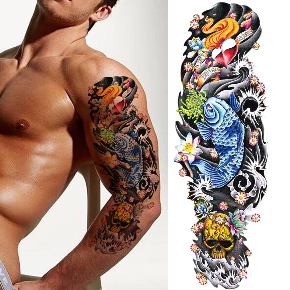 2 Sheets Fish Wave Heart Flower Full Arm Sleeves