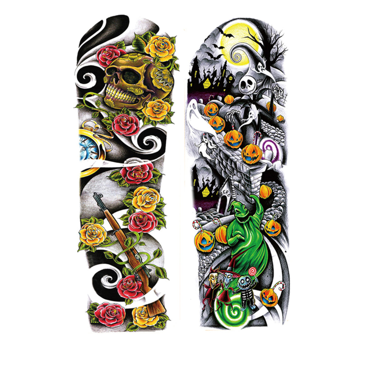 2 Sheets Extra Large Full Arm Temporary Tattoos - Colorful Skull Ghost Pumkin Carp Koi Flower Tree Gun For Men