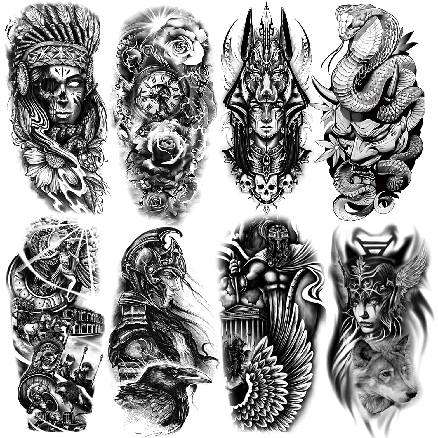 4 Sheets Waterproof Arm Leg Fake Temporary Tattoo - Indian Skull Snake Egypt Anubis Flower Compass Prajna Greek Myth Soldier
