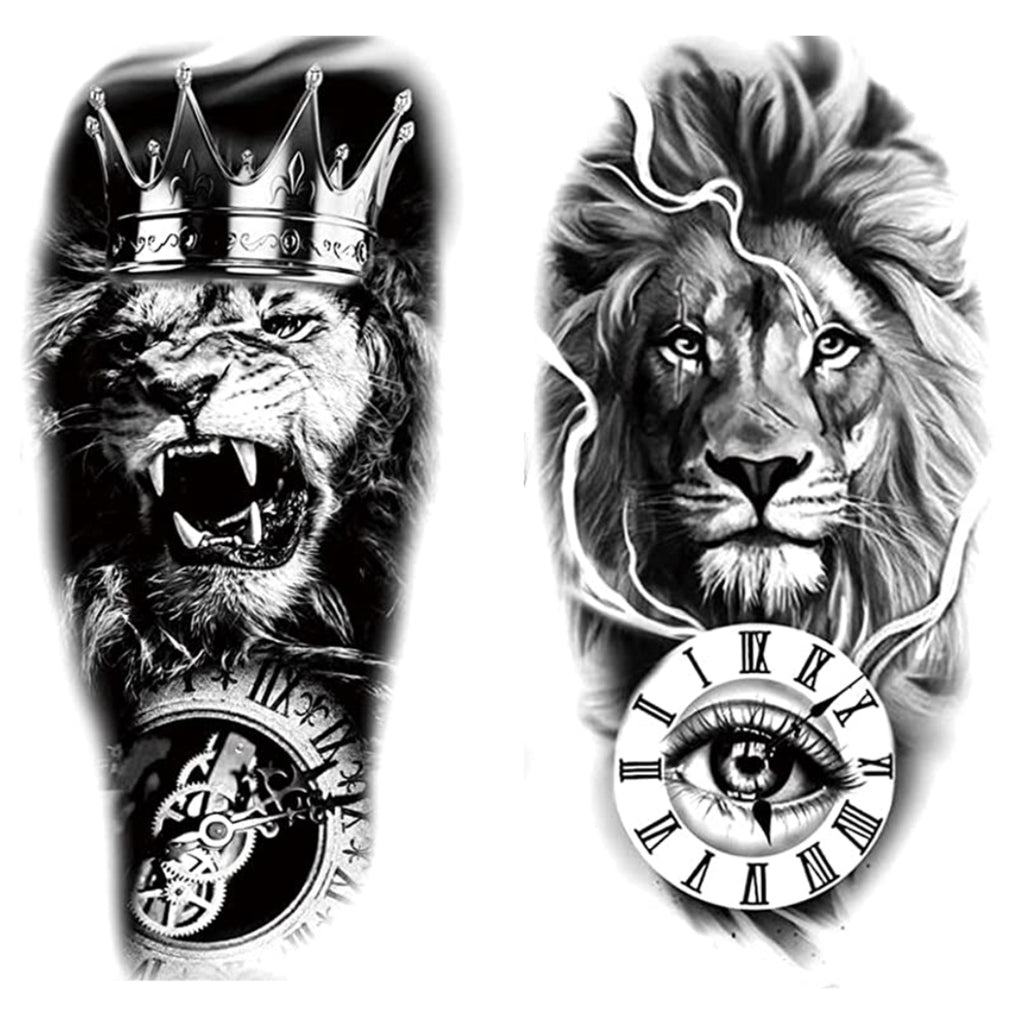 2 Sheets Waterproof Arm Leg Fake Temporary Tattoo - Lion Family Roar Crown Eye Flower Lady