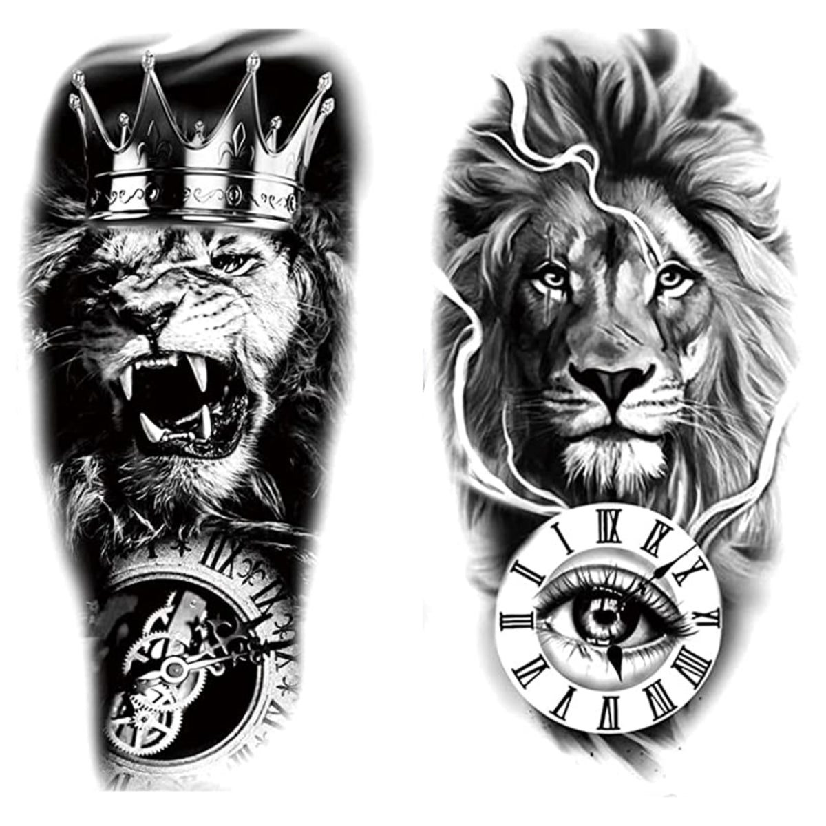 2 Sheets Waterproof Arm Leg Fake Temporary Tattoo - Lion Family Roar Crown Eye Flower Lady