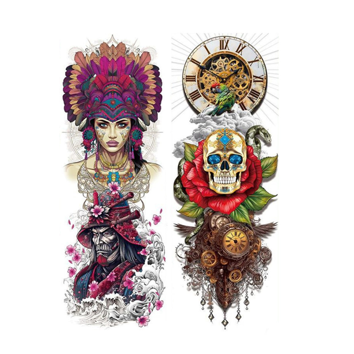 2 Sheets Watercolor Fish Fox Samurai Skull Full Arm Sleeves