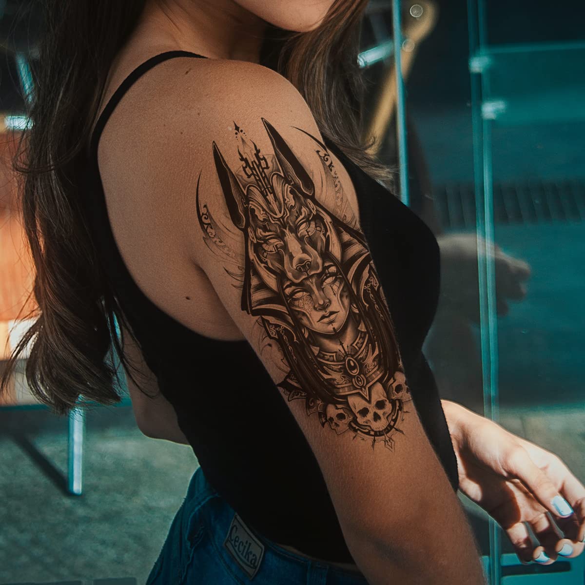 4 Sheets Waterproof Arm Leg Fake Temporary Tattoo - Indian Skull Snake Egypt Anubis Flower Compass Prajna Greek Myth Soldier