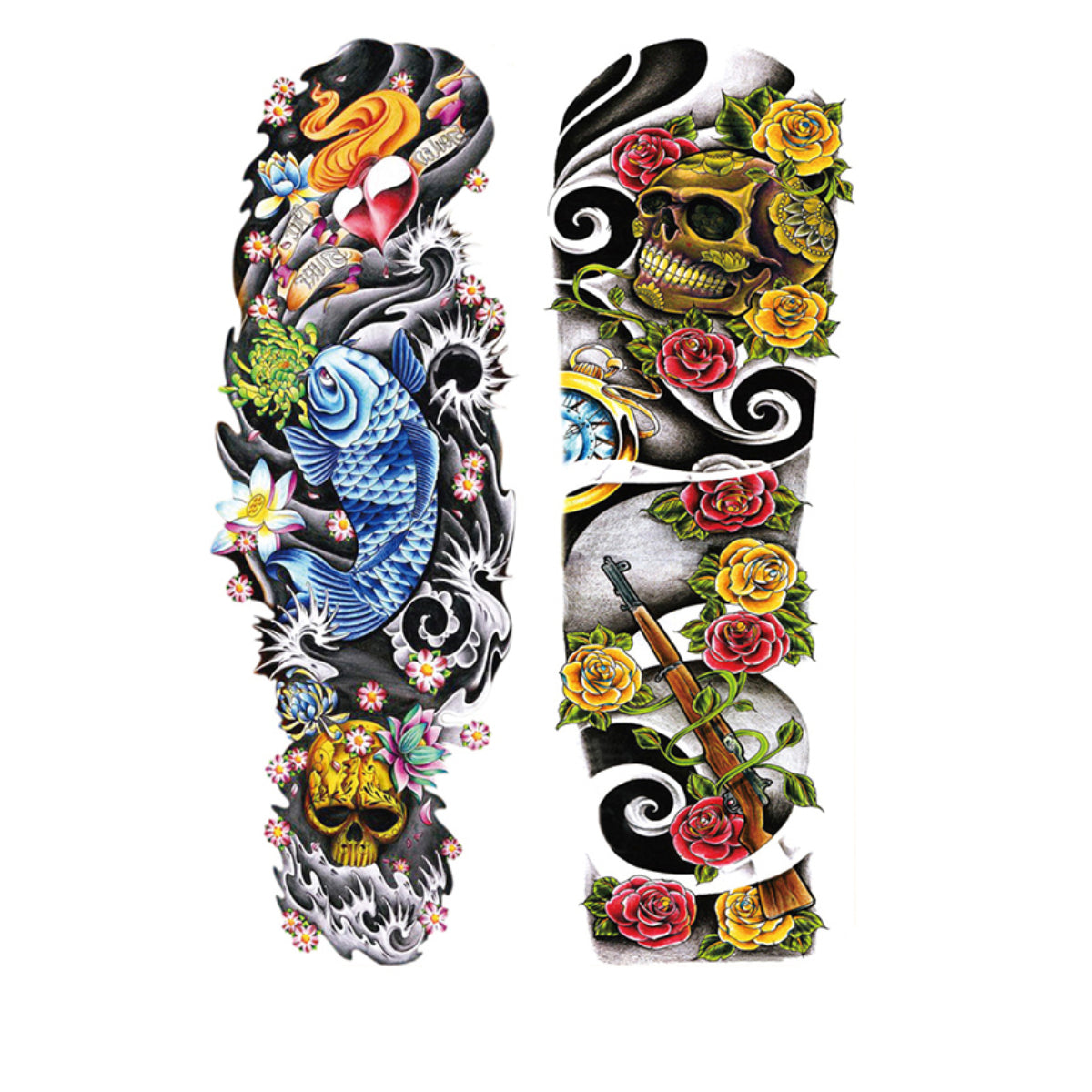 2 Sheets Extra Large Full Arm Temporary Tattoos - Colorful Skull Ghost Pumkin Carp Koi Flower Tree Gun For Men
