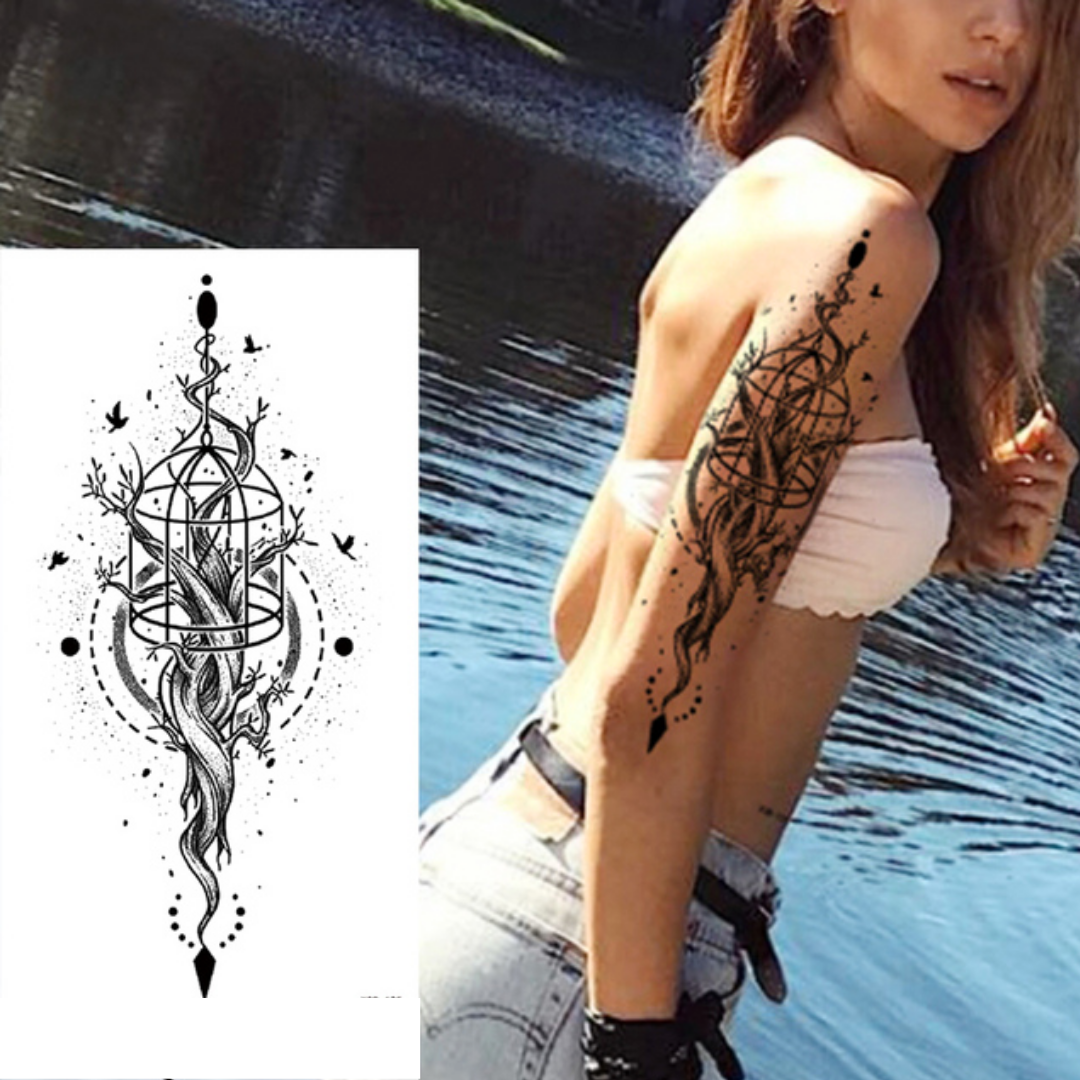 2 Sheets Black Arrow Compass Feather Dragon Anchor Sword Snake Tree Flower Temporary Tattoos for Arm